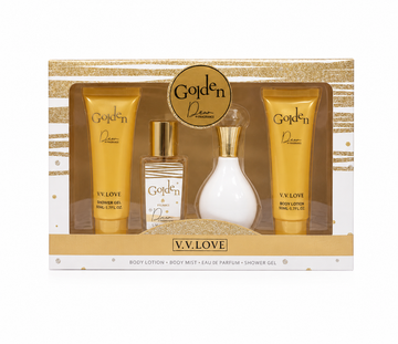 Set parfum femei Golden Dew Porcelain  cu parfum 30 ml, body mist 30 ml, loțiune de corp 50 ml și gel de duș 50 ml.