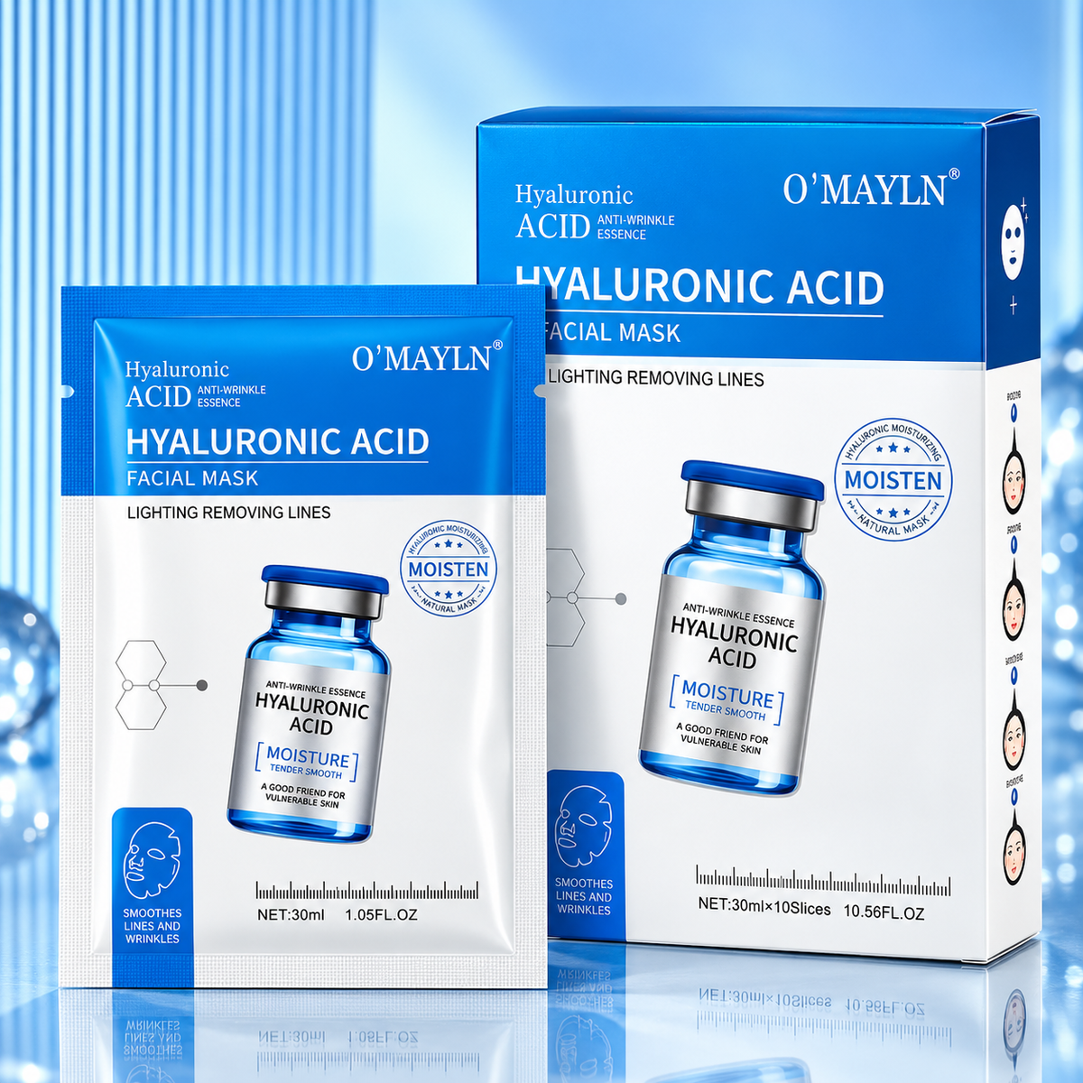 Set 10 Măști Faciale cu Acid Hialuronic, Tip Șervețel – Hidratare Intensă, Piele Catifelată și Aspect Luminos