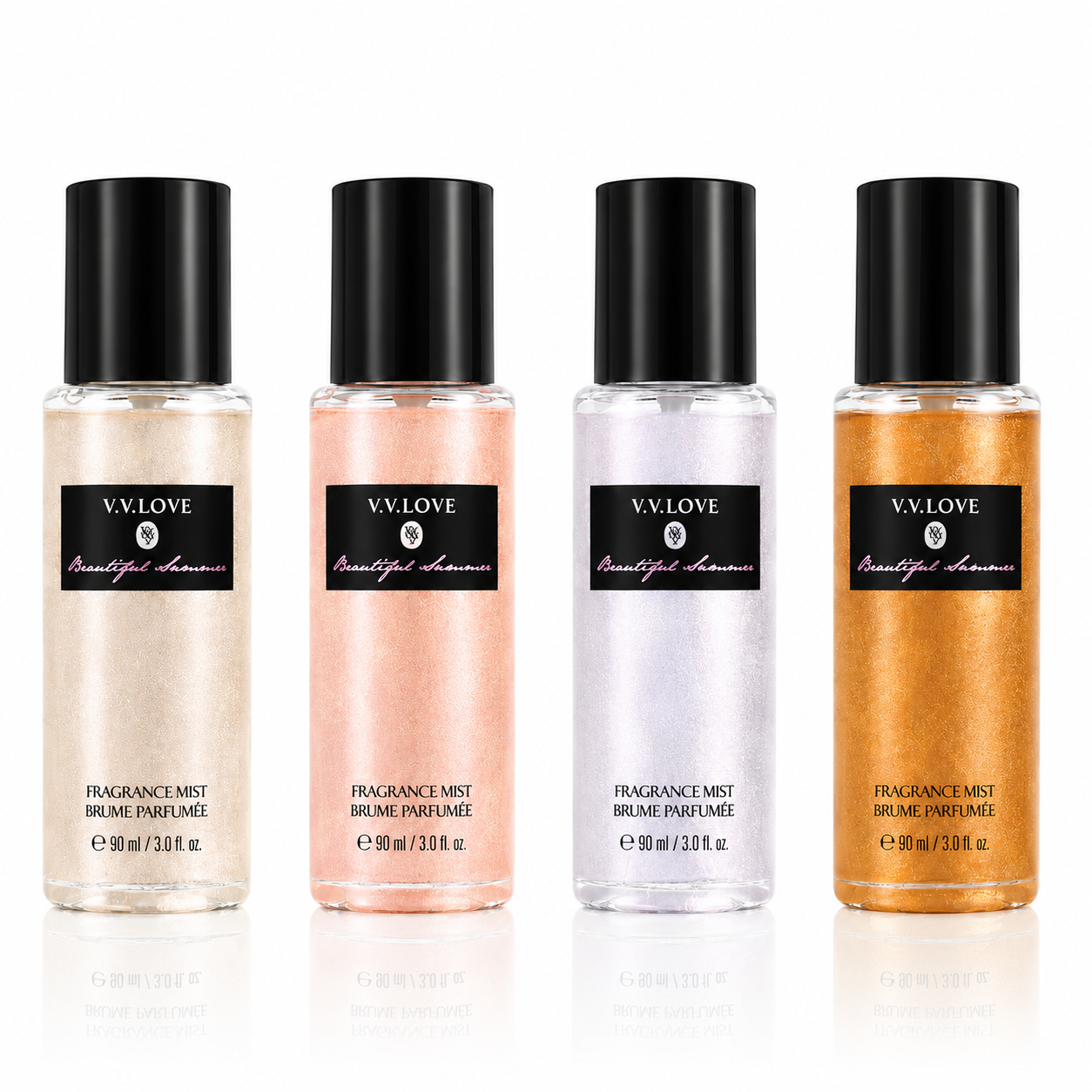 Set 4 Sprayuri Parfumate cu Efect Strălucitor V.V.LOVE – 4 x 90 ml Fragrance Mist pentru Corp, Arome Feminine Irezistibile, Glitter Shimmer Body Mist pentru Femei