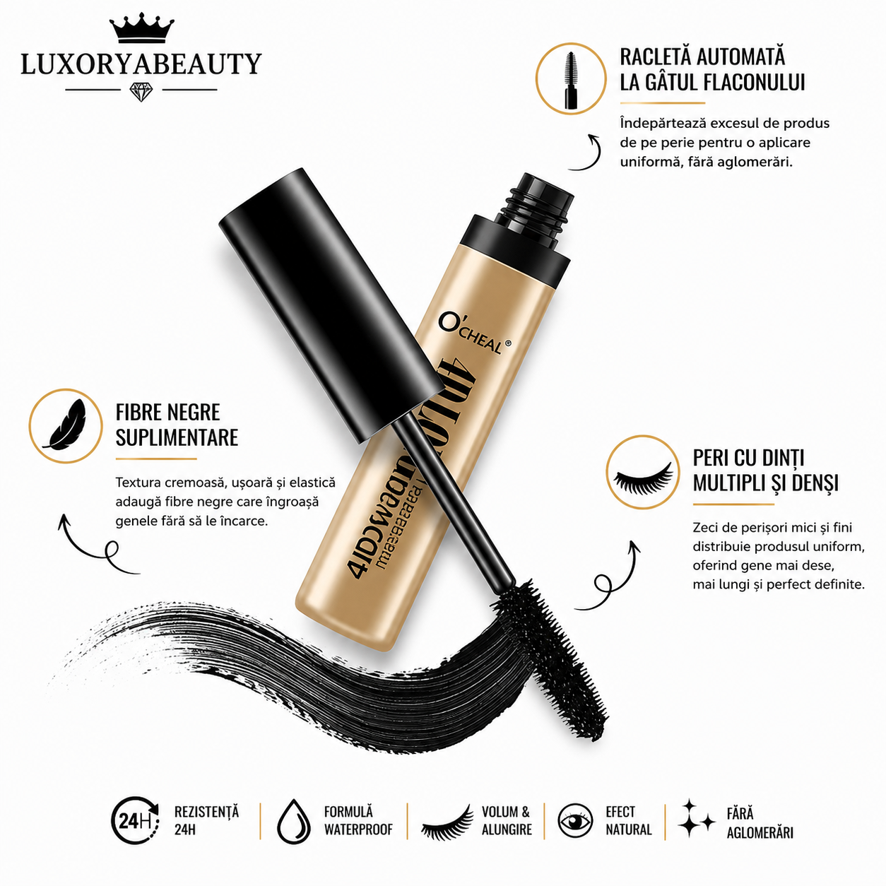 Rimel Negru Ocheal 4D Long Mascara – Efect de Alungire și Volum Natural, Waterproof, Rezistență Îndelungată, Gene Definite și Curbate