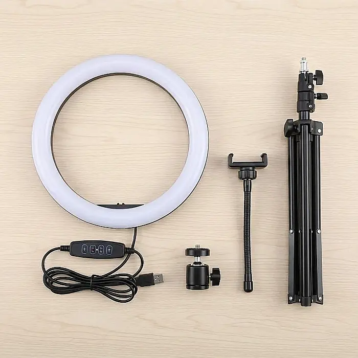 Lampa Circulară Ring Light DLUX - Diametru 33 cm, Trepied Profesional Reglabil până la 2.1 m, Suport Telefon Universal și 3 Moduri de Lumină: Iluminare Profesională pentru Machiaj, Foto-Video și Live