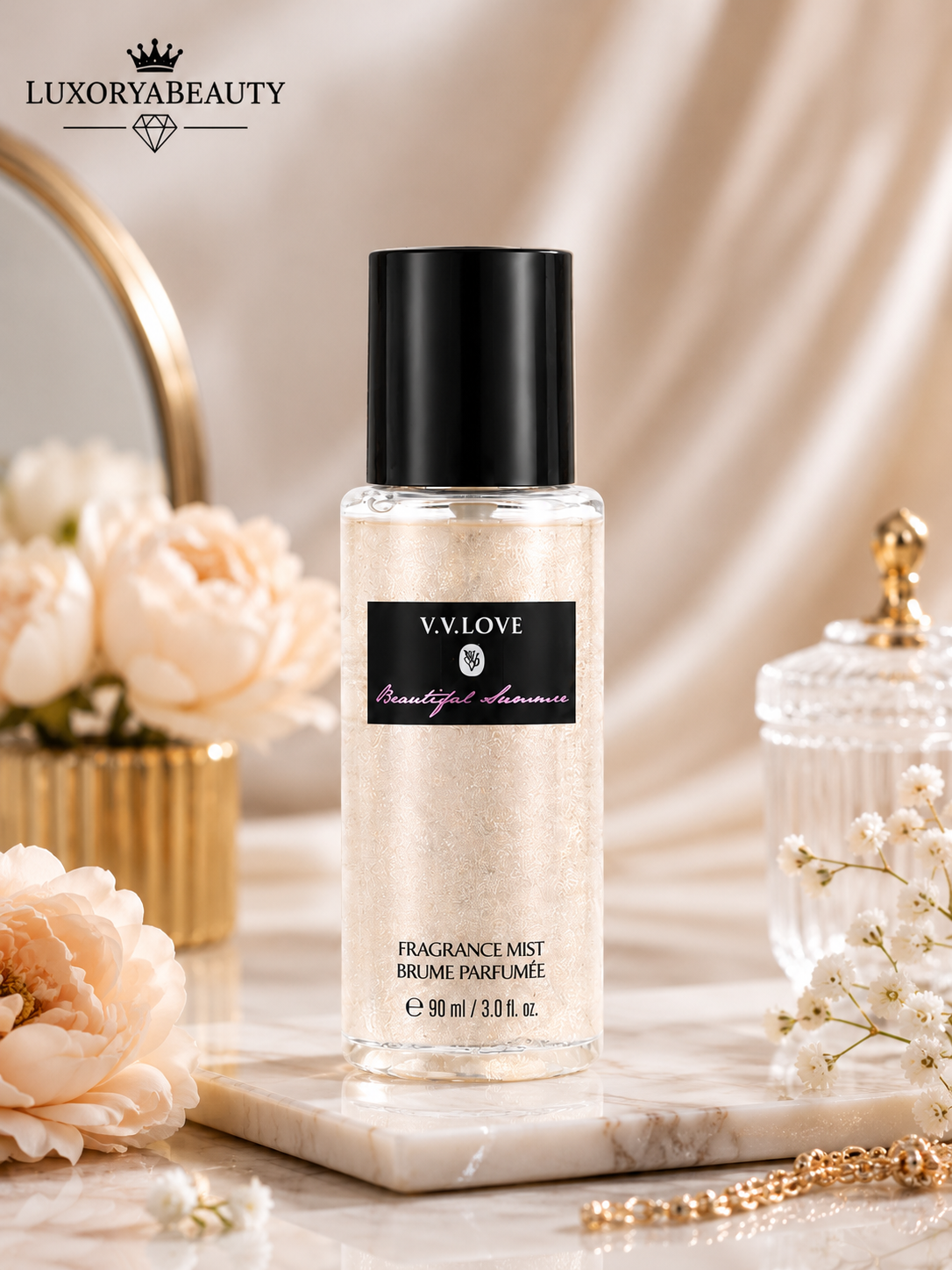 Set 4 Sprayuri Parfumate cu Efect Strălucitor V.V.LOVE – 4 x 90 ml Fragrance Mist pentru Corp, Arome Feminine Irezistibile, Glitter Shimmer Body Mist pentru Femei