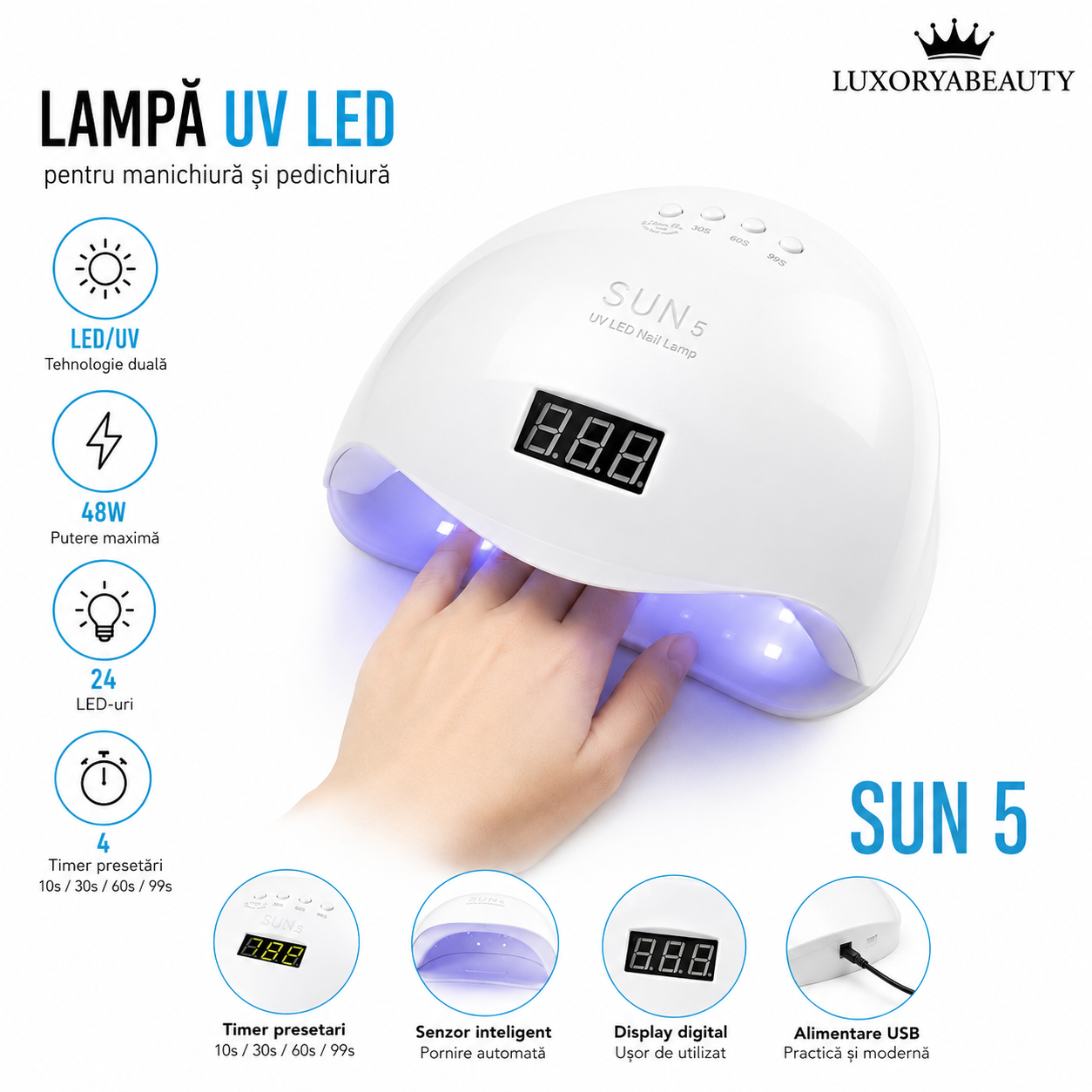 Lampă UV LED SUN5 48W cu Display Digital și 24 LED-uri – Uscare Rapidă pentru Gel UV, Ojă Semipermanentă și Polygel | LUXORYABEAUTY