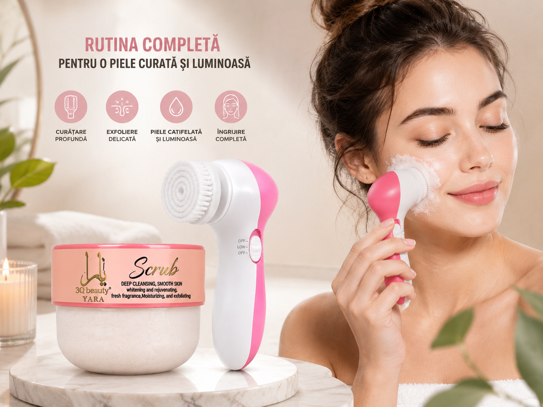 Set Perie Electrică pentru Curățarea Tenului cu 5 Capete + Scrub Facial 3Q Beauty Yara 350 ml – Exfoliere și Îngrijire Profundă