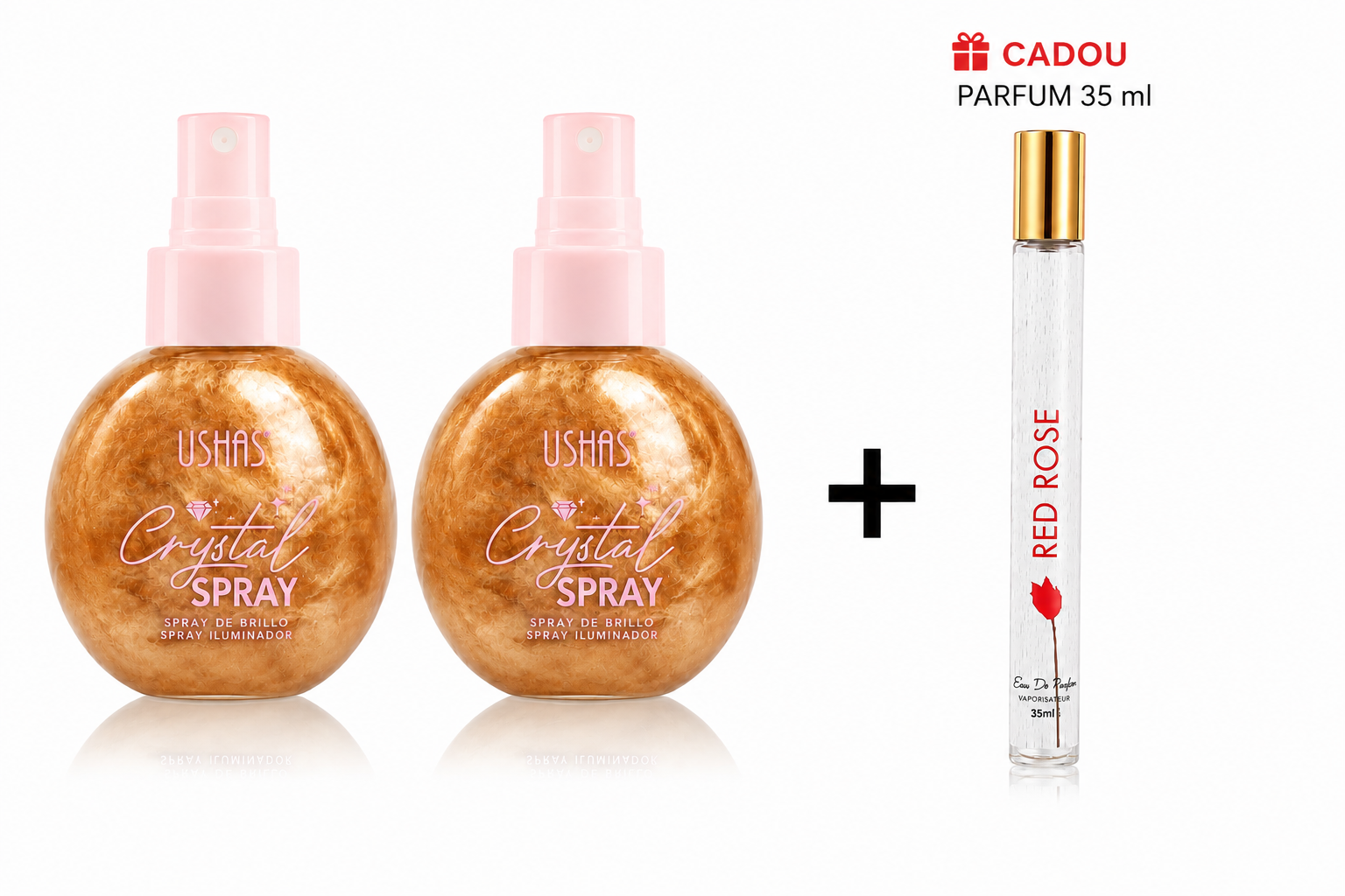 Set 2 Iluminatoare pentru Față și Corp USHAS Crystal Spray + Parfum Cadou 35 ml – Efect Strălucitor, Finish Luminos