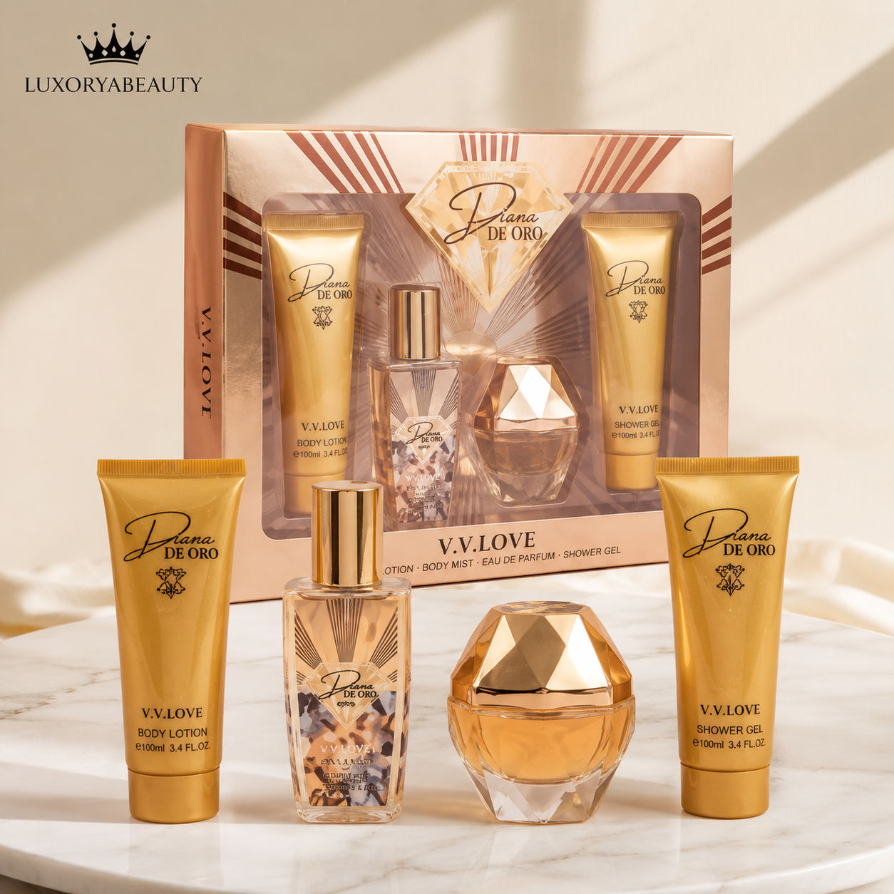 Set Cadou Dama De Oro 4 Piese Luxury – Parfum, Body Mist, Body Lotion și Shower Gel