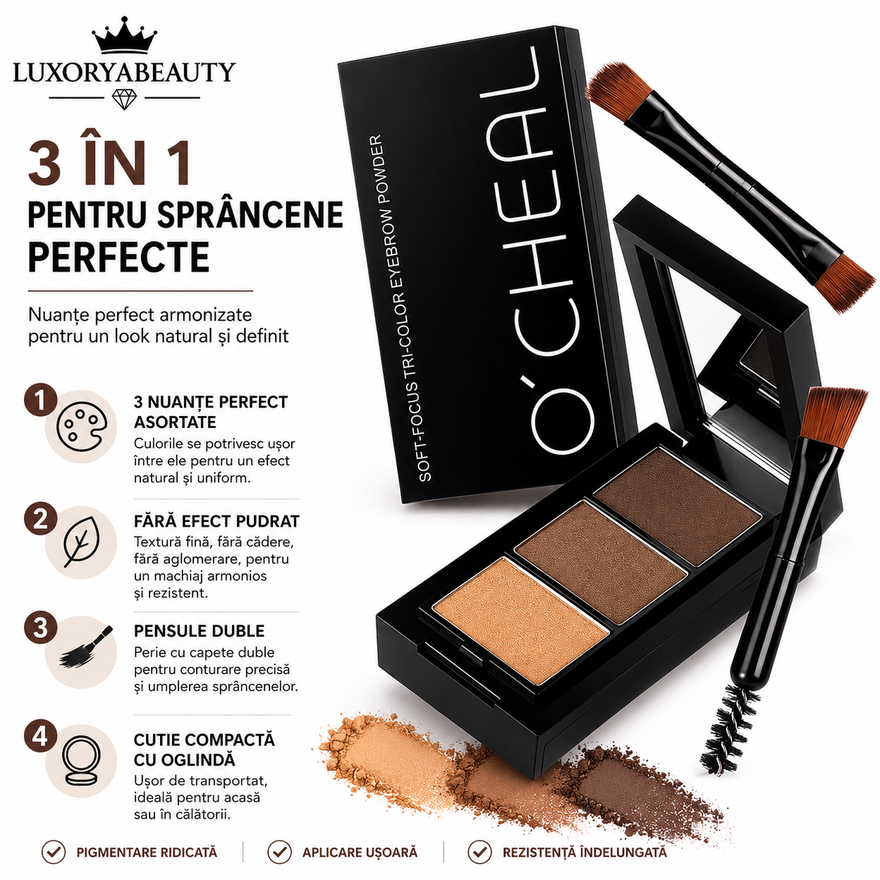 Kit Sprâncene O’Cheal 6990 Profesional – Paletă 3 Culori pentru Sprâncene, Aplicatoare Incluse, Efect Natural și Rezistență Îndelungată