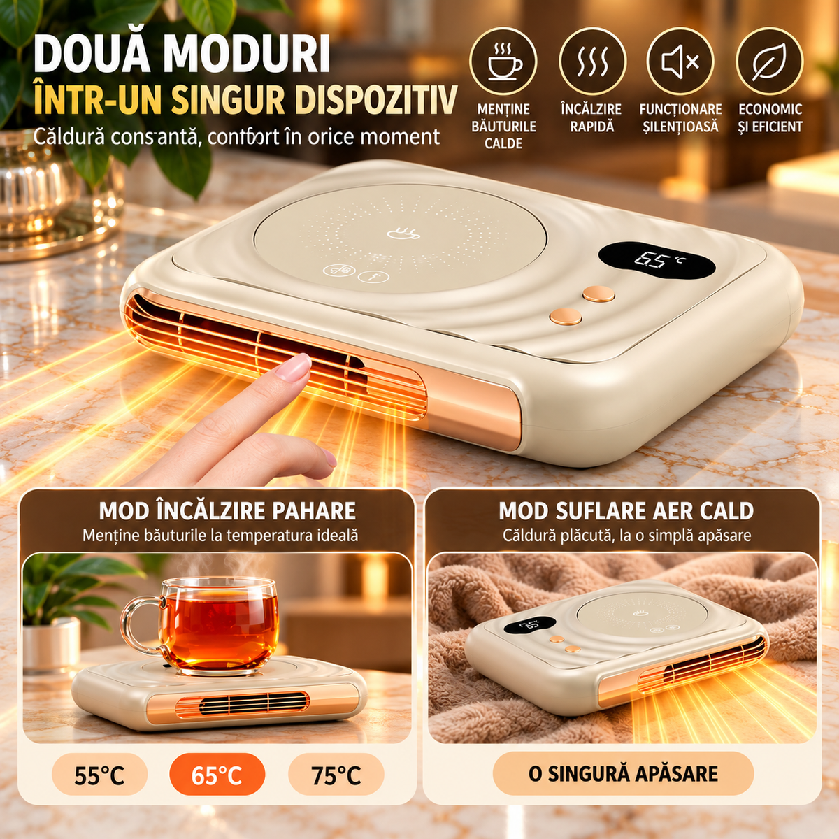 Suport Electric 2 in 1 pentru Incalzire Cana si Aer Cald, 25x19cm, cu Afisaj Digital, Temperatura Reglabila