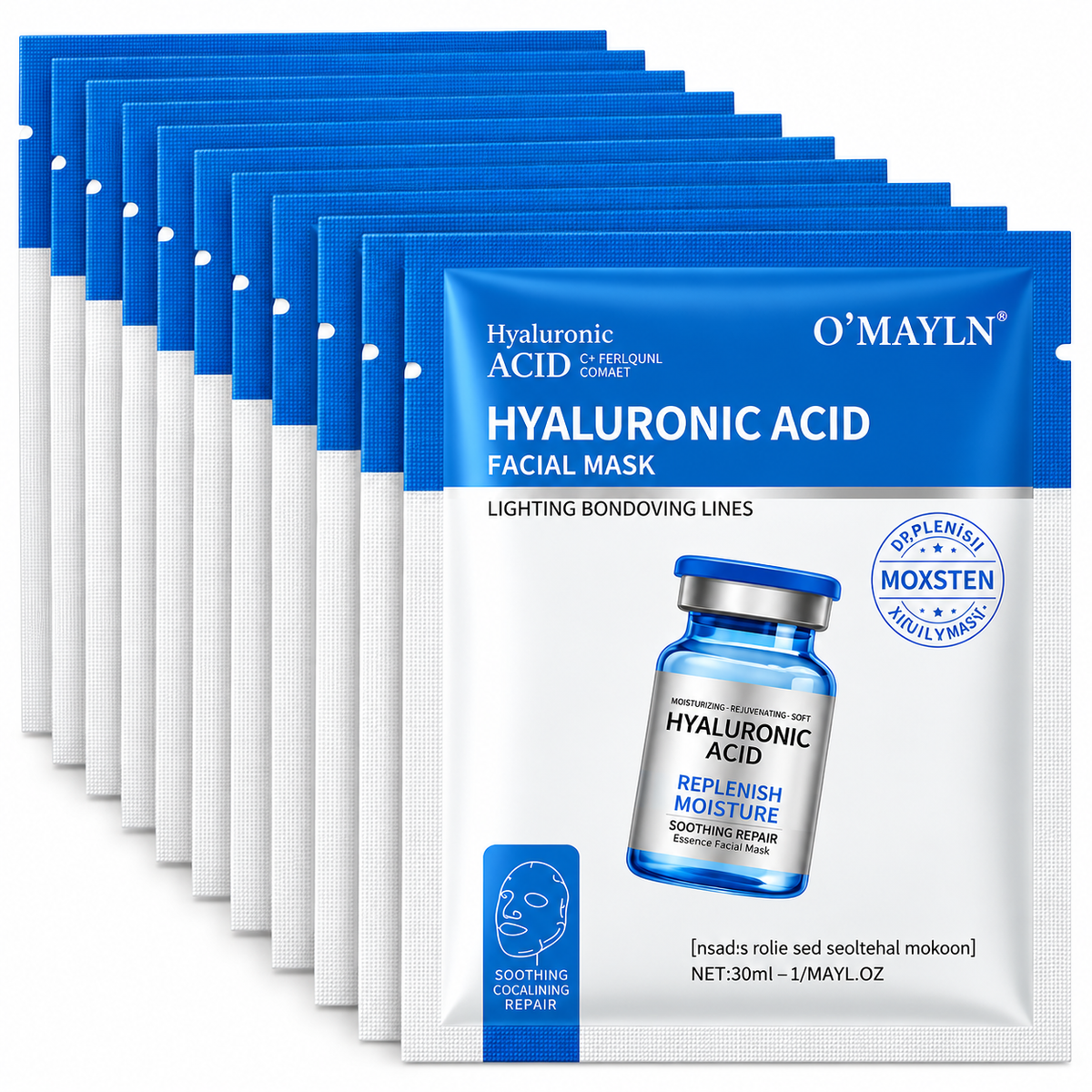 Set 10 Măști Faciale cu Acid Hialuronic, Tip Șervețel – Hidratare Intensă, Piele Catifelată și Aspect Luminos