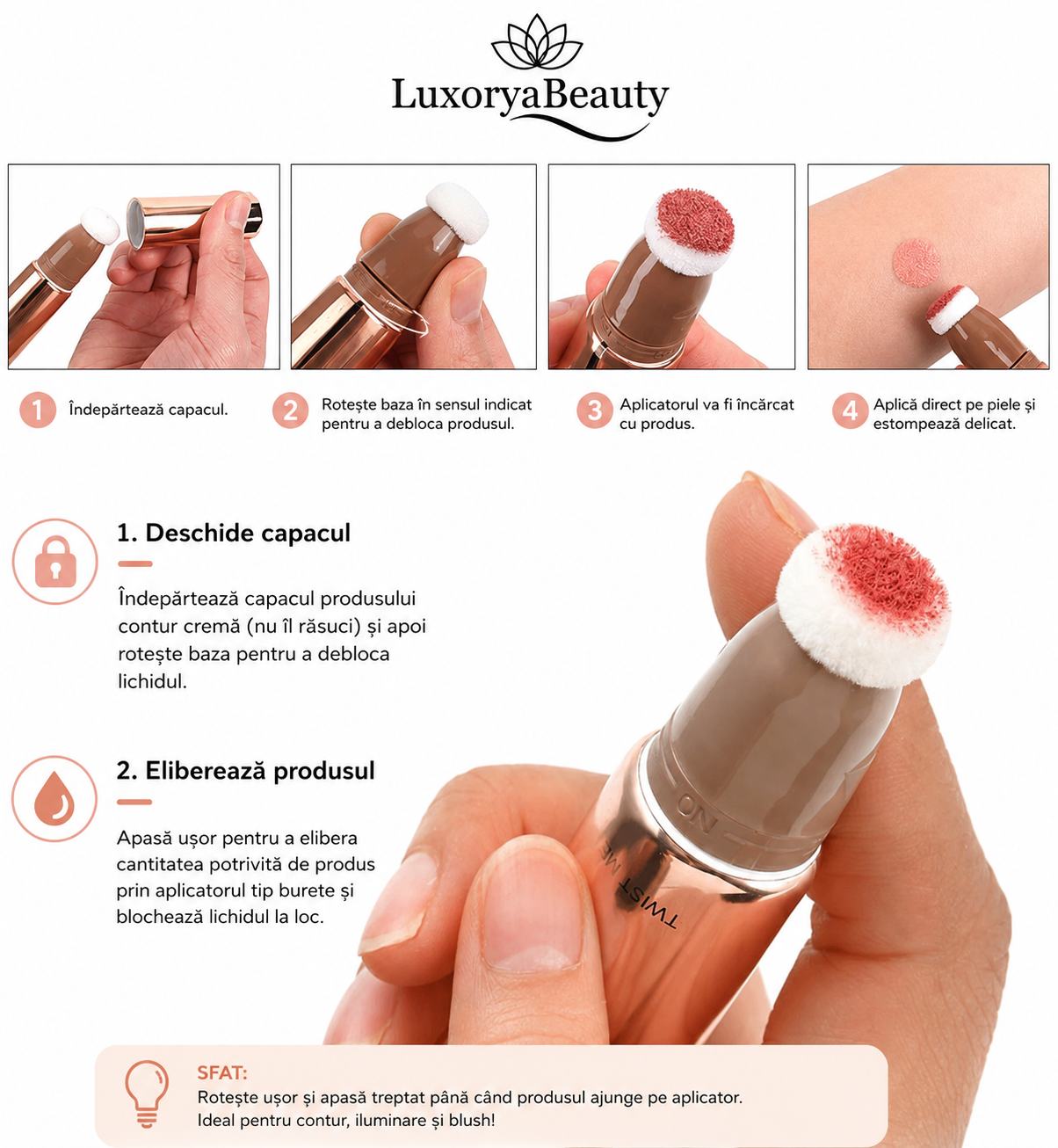 Blush, Iluminator & Contur cu Burete Handaiyan Soft Touch – 3 în 1, Aplicator Cushion, Finish Natural și Luminos