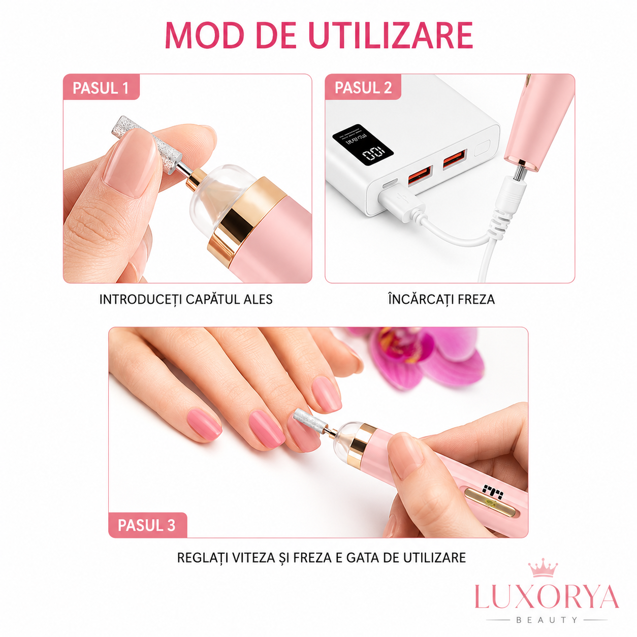 Freza Electrică pentru Unghii Profesională – Manichiură și Pedichiură, 5 Capete, Lumină LED, Încărcare USB, Portabilă | LuxoryaBeauty