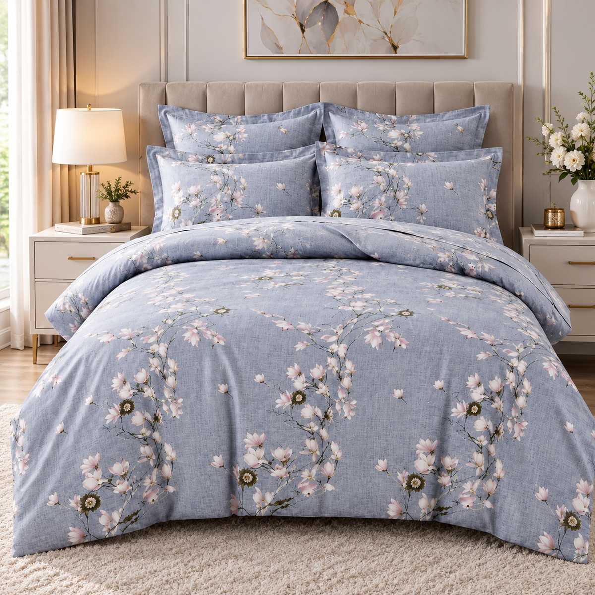 Lenjerie de Pat din Finet, 4 Piese, Model Floral, Gri