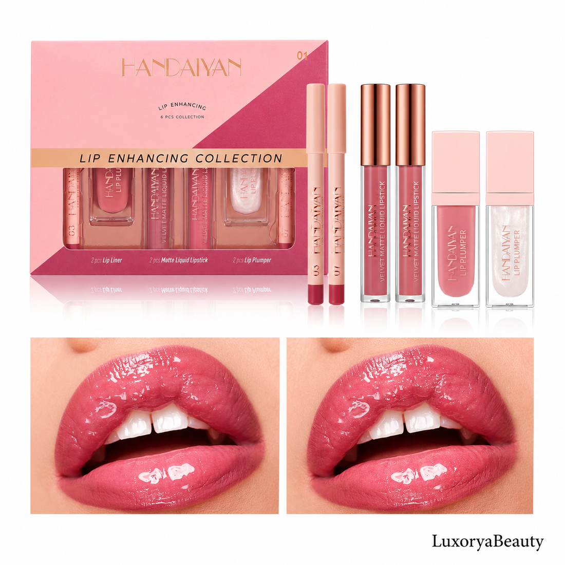 Set Machiaj Buze HANDAIYAN H1114 – 6 Produse Complete pentru Contur, Culoare Intensă și Efect de Volum