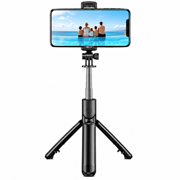 Selfie stick Bluetooth cu trepied si LED,  extensibil 100 cm, Negru