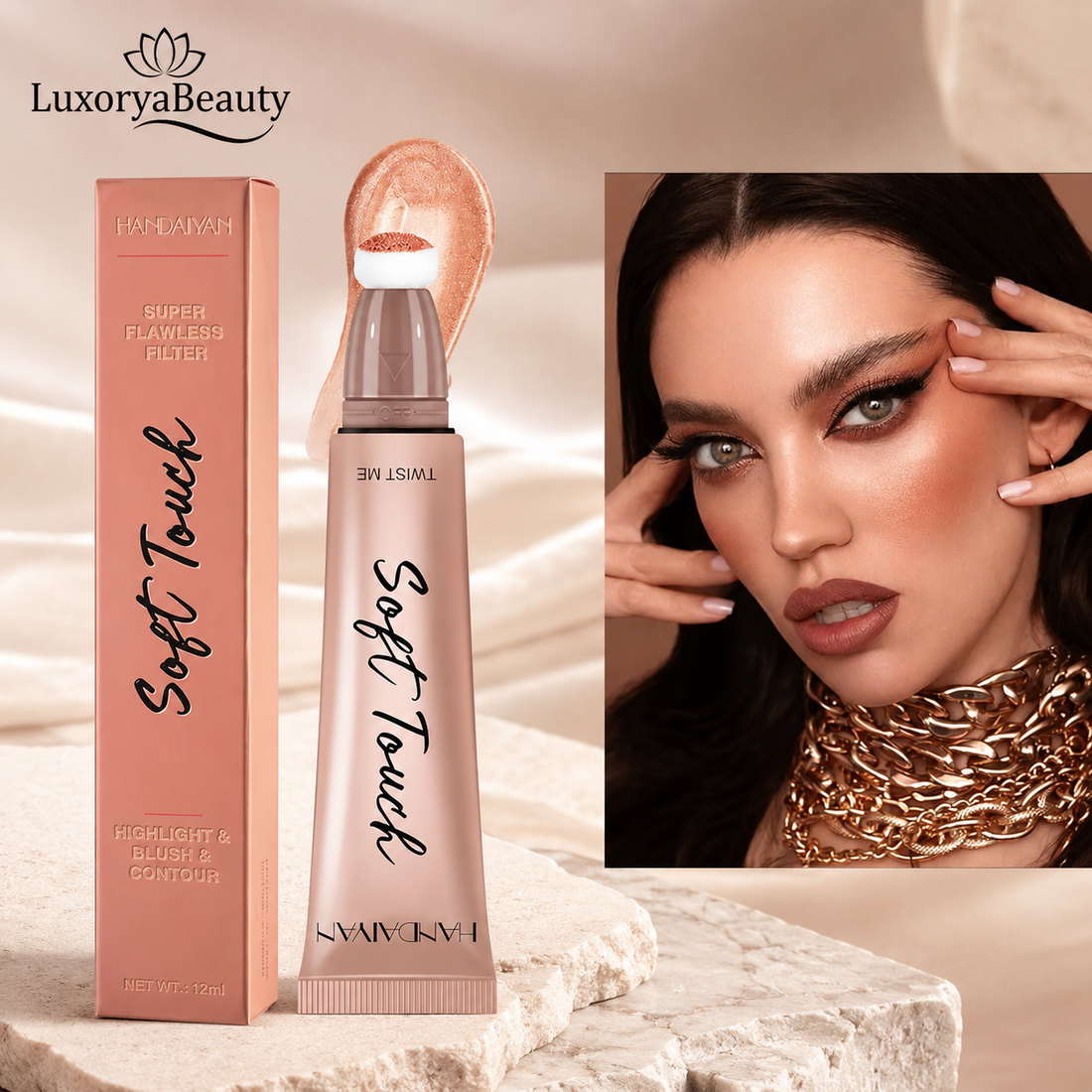 Blush, Iluminator & Contur cu Burete Handaiyan Soft Touch – 3 în 1, Aplicator Cushion, Finish Natural și Luminos