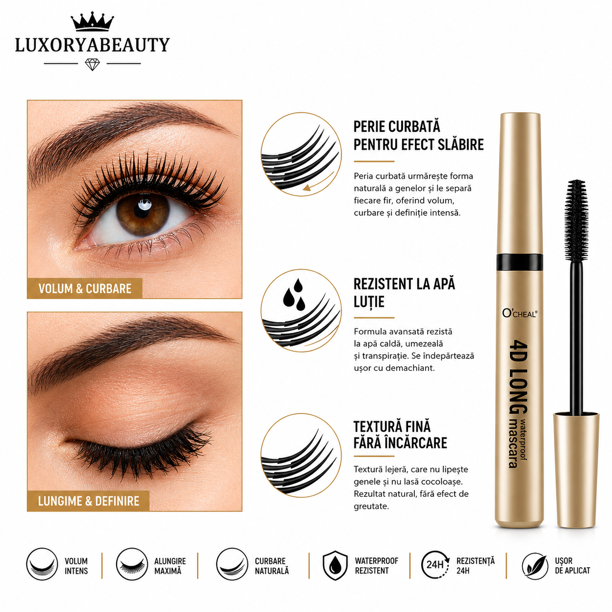 Rimel Negru Ocheal 4D Long Mascara – Efect de Alungire și Volum Natural, Waterproof, Rezistență Îndelungată, Gene Definite și Curbate