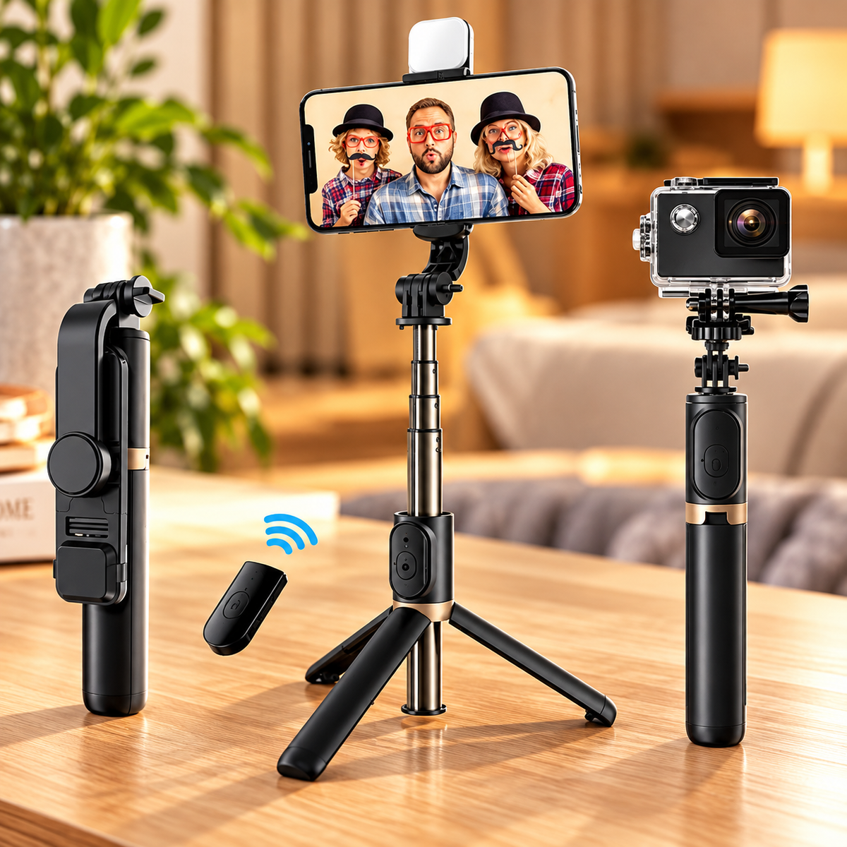 Selfie stick Bluetooth cu trepied si LED,  extensibil 100 cm, Negru