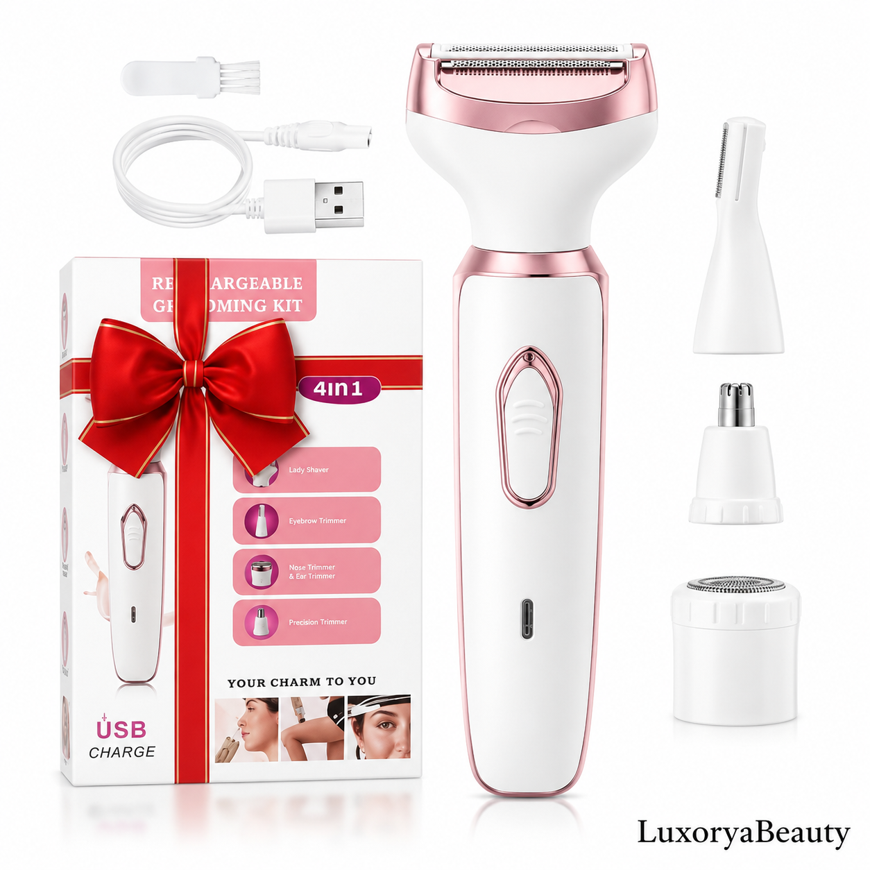 Aparat de Ras Electric 4-în-1 pentru Femei + Ulei de Corp Cadou | Epilator Facial și Corporal Reîncărcabil USB