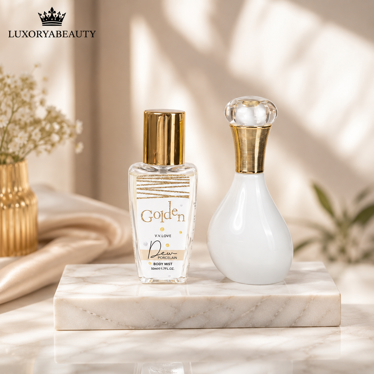 Set parfum femei Golden Dew Porcelain  cu parfum 30 ml, body mist 30 ml, loțiune de corp 50 ml și gel de duș 50 ml.