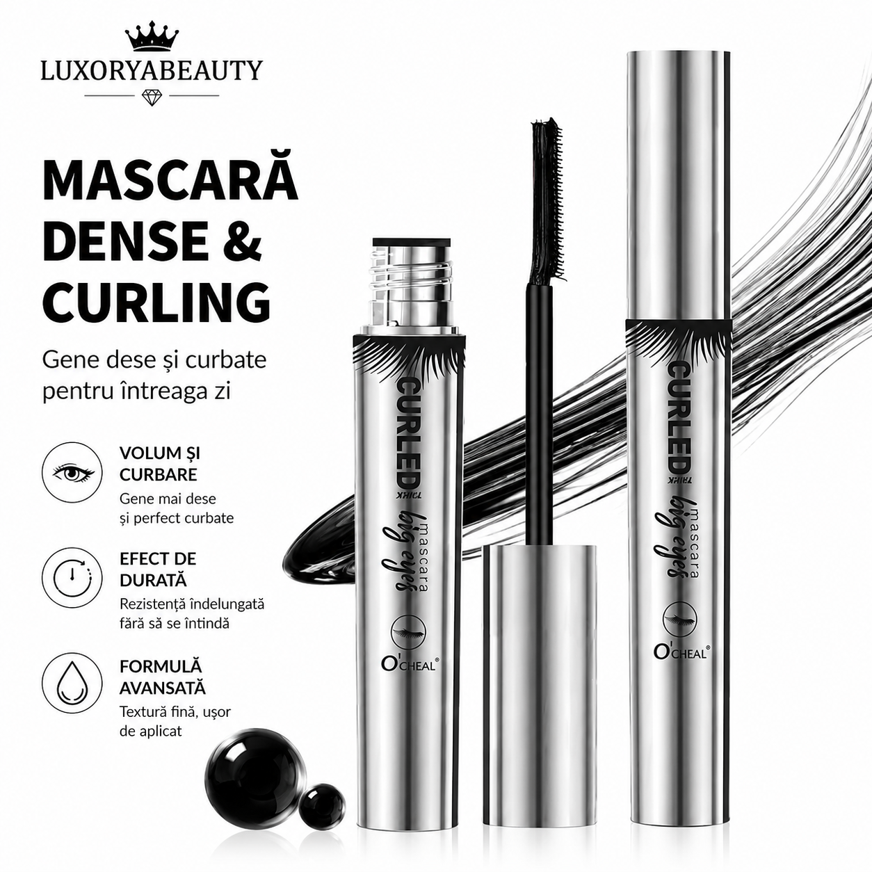 Rimel Negru Ocheal Curled Big Eyes 4D – Efect de Gene Alungite și Separate, Volum Natural, Curbare Intensă, Rezistență Îndelungată  F1/H534