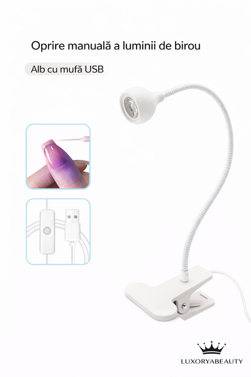 Lampă LED cu Clemă 3W Albă, USB, Braț Flexibil – Iluminare pentru Manichiură, Birou și Precizie
