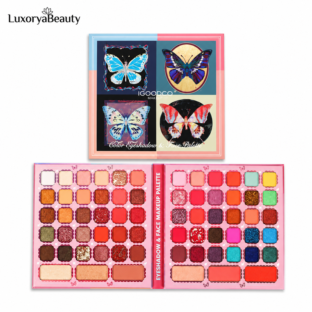 Paletă Farduri Ochi și Față IGOODCO Butterfly Edition IG3097 – 60 Farduri + 3 Blush-uri + 3 Iluminatoare