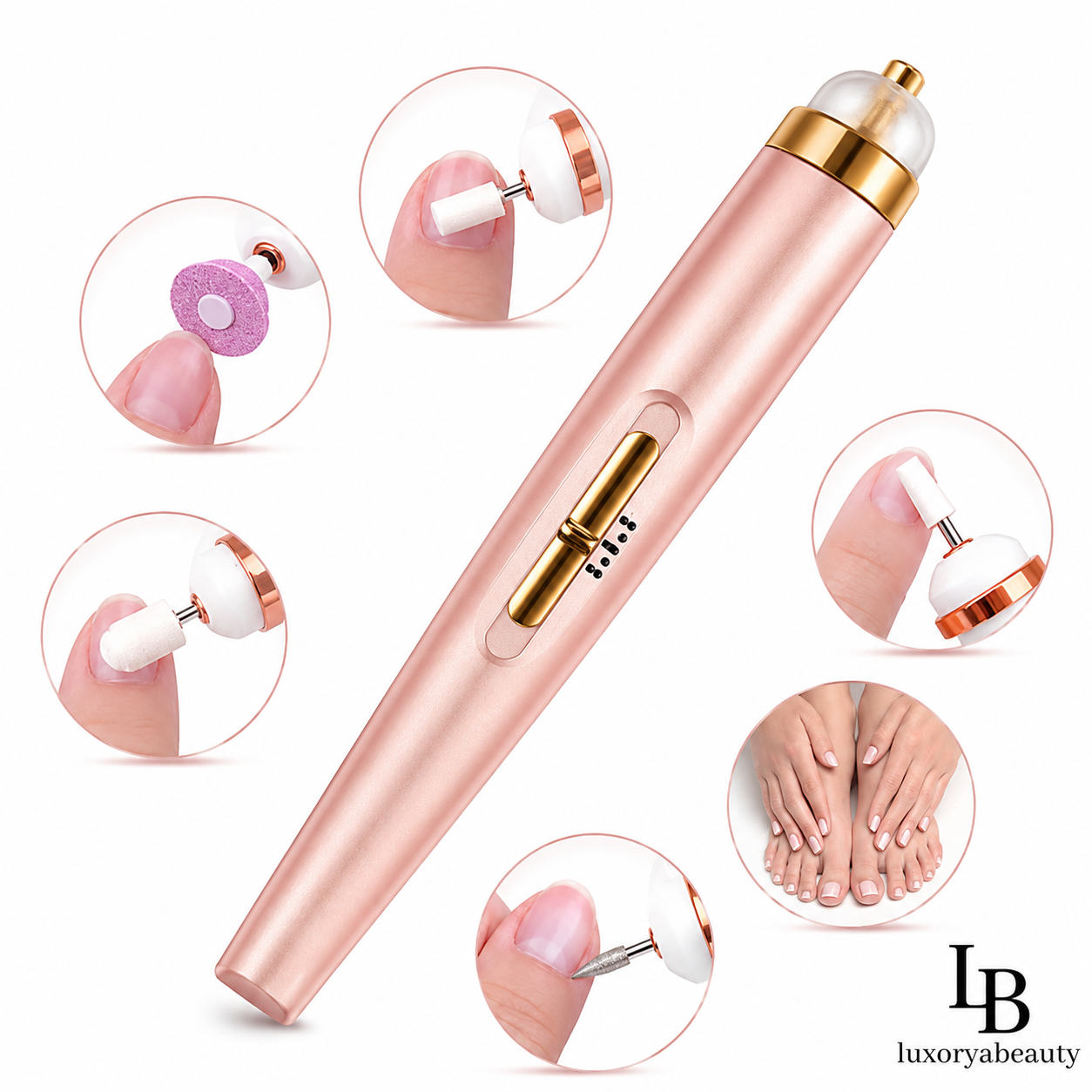 Freza Electrică pentru Unghii Profesională – Manichiură și Pedichiură, 5 Capete, Lumină LED, Încărcare USB, Portabilă | LuxoryaBeauty