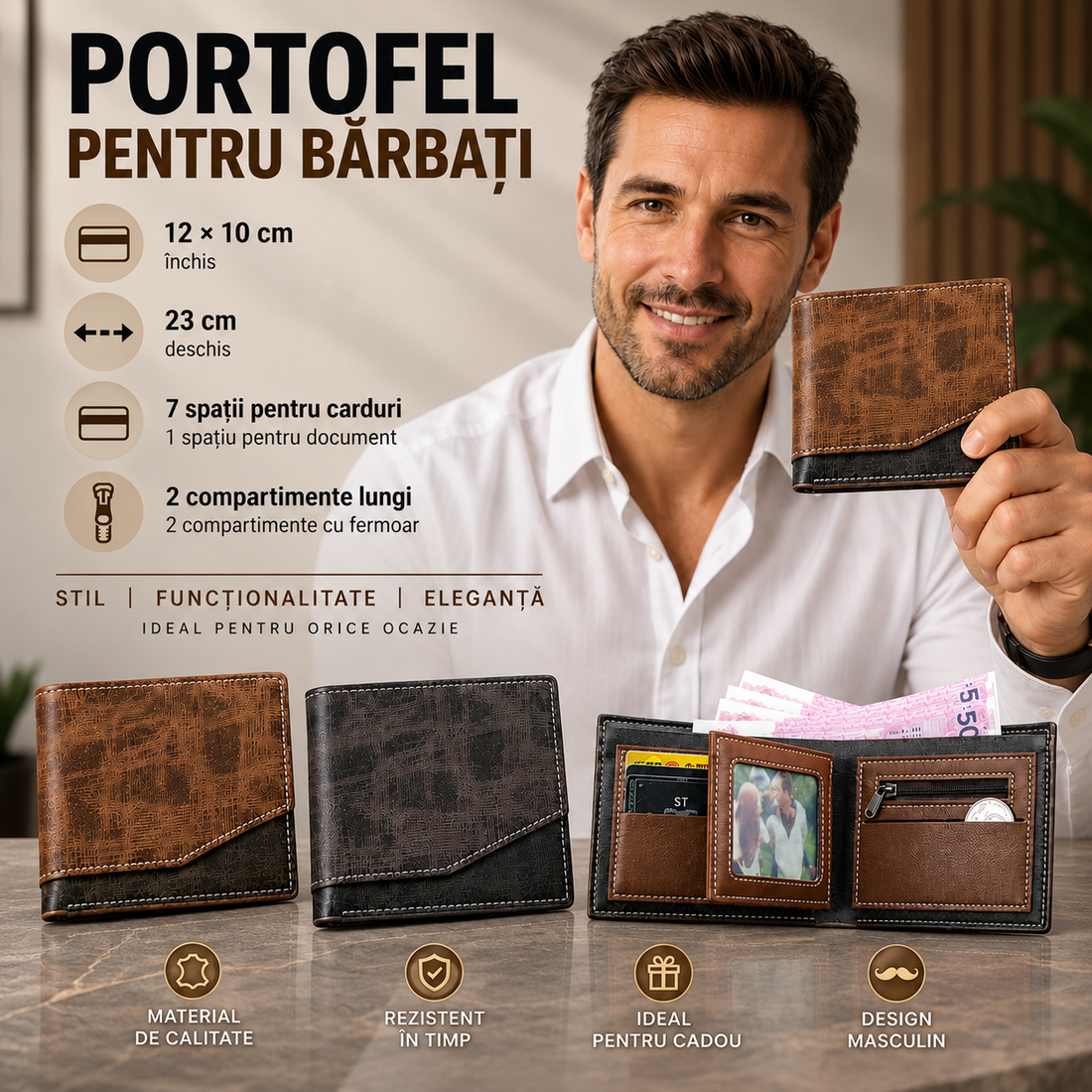 Portofel pentru bărbați 12 x 10 cm – Compartimentat, Elegant și Practic