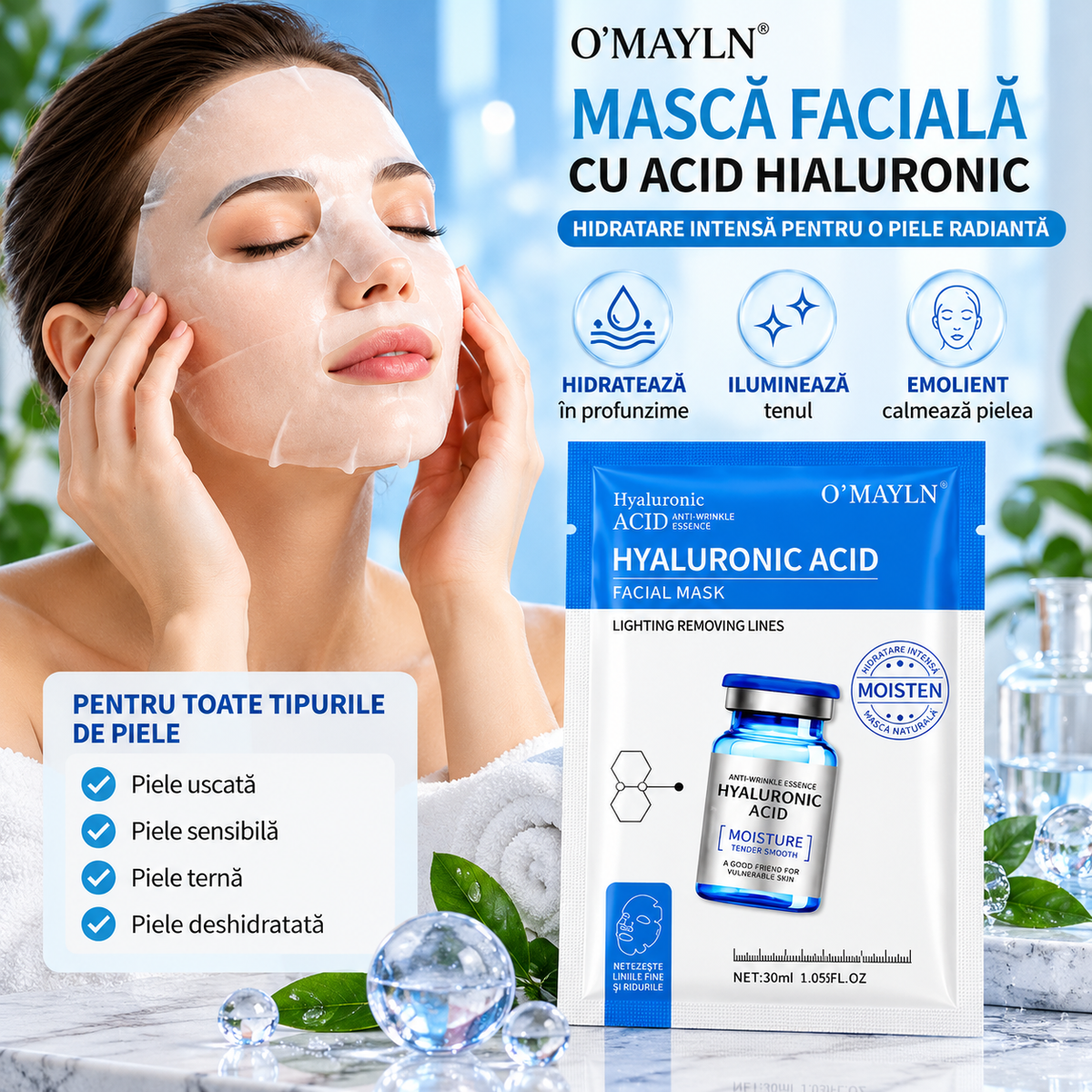 Set 10 Măști Faciale cu Acid Hialuronic, Tip Șervețel – Hidratare Intensă, Piele Catifelată și Aspect Luminos