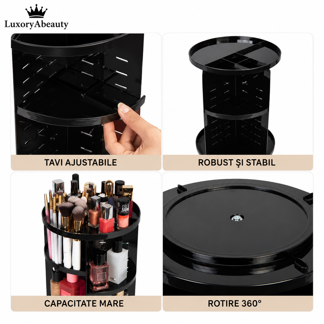 Organizator Cosmetice Rotativ 360° - Suport Multifuncțional pentru Machiaj, Parfumuri, Lacuri de Unghii și Accesorii, Spațios și Practic pentru Baie sau Dormitor