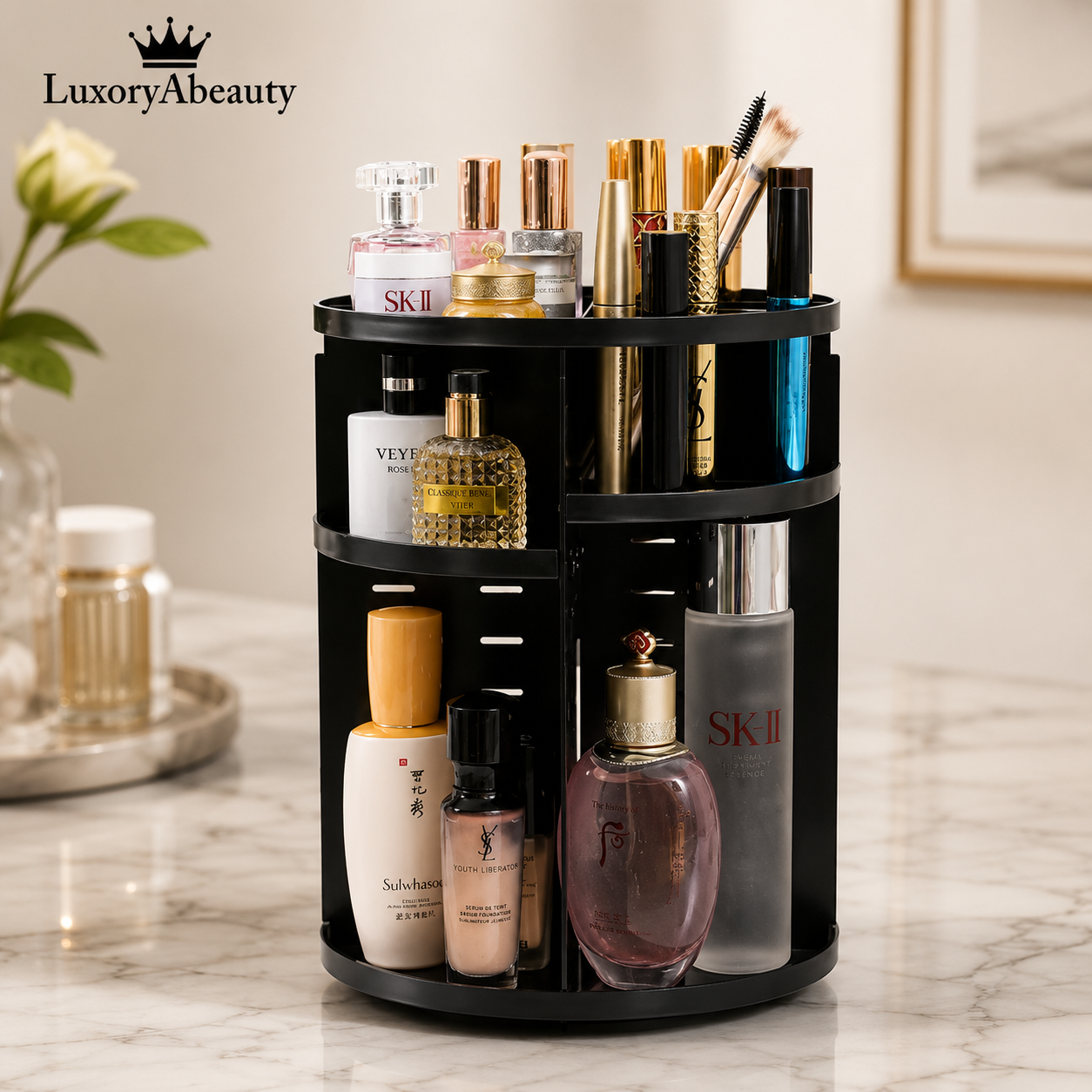 Organizator Cosmetice Rotativ 360° - Suport Multifuncțional pentru Machiaj, Parfumuri, Lacuri de Unghii și Accesorii, Spațios și Practic pentru Baie sau Dormitor