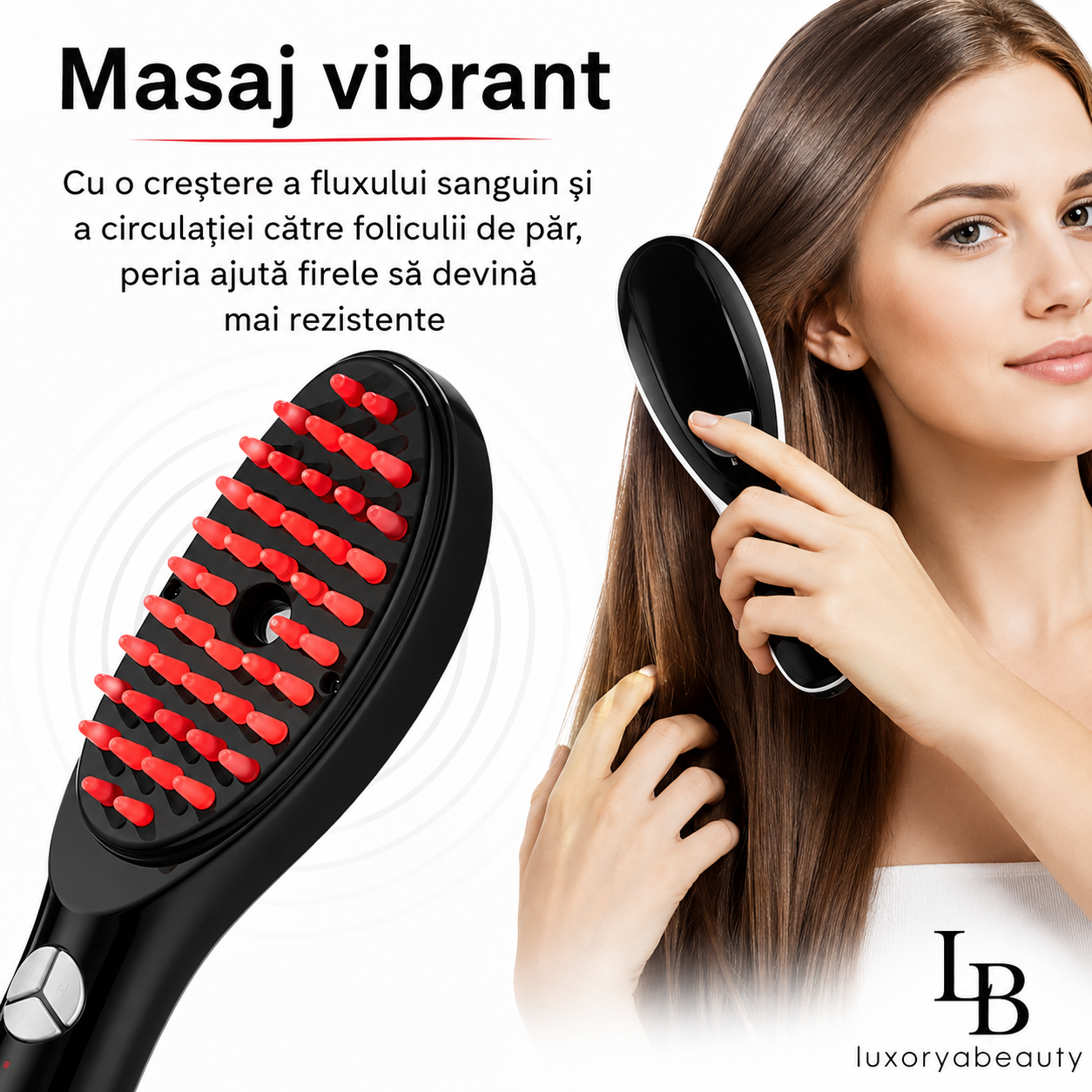 Perie de Masaj 4 în 1 pentru Creșterea Părului cu LED și Vibrații – LuxoryaBeauty