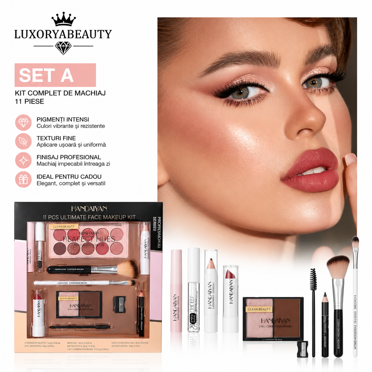 Set Machiaj Complet HANDAIYAN H9010 – 11 Produse Profesionale pentru Machiaj de Zi și Seară | Paletă Farduri, Mascara, Corector, Ruj și Accesorii