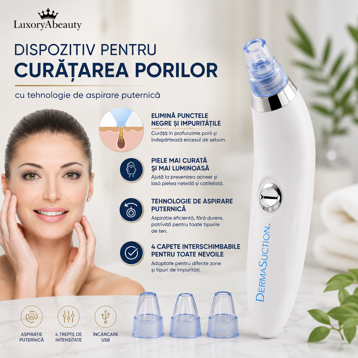 Aspirator Facial Derma Suction - 4 Capete de Curățare, Accesoriu Sonic Peeling și 2 Trepte de Aspirație: Ten Perfect, Fără Puncte Negre și Sebum
