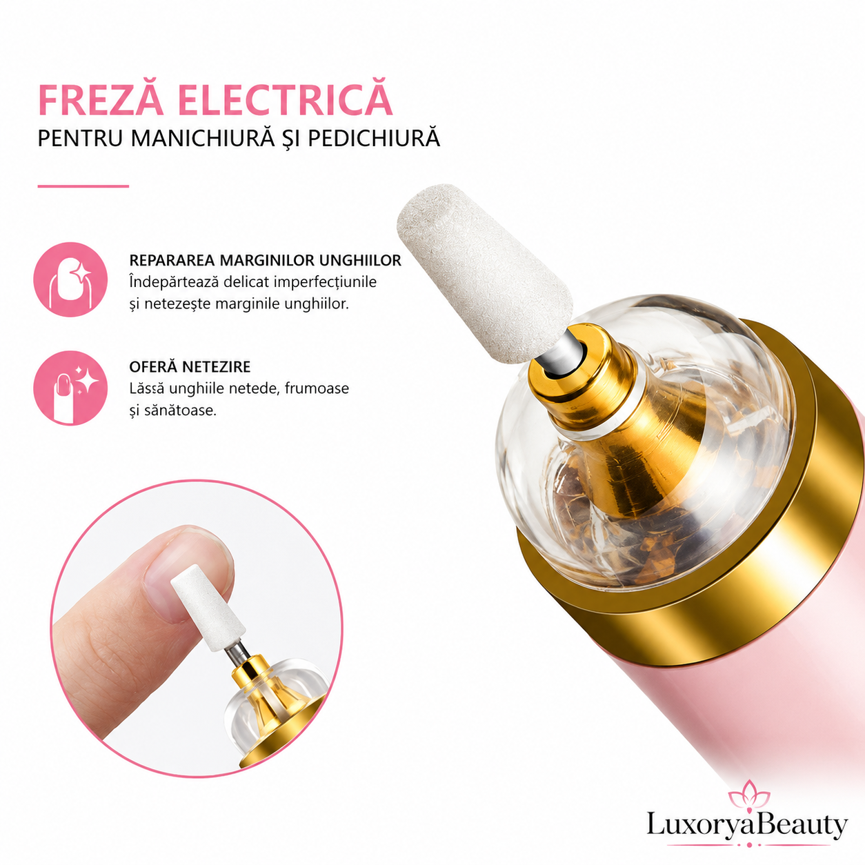 Freza Electrică pentru Unghii Profesională – Manichiură și Pedichiură, 5 Capete, Lumină LED, Încărcare USB, Portabilă | LuxoryaBeauty