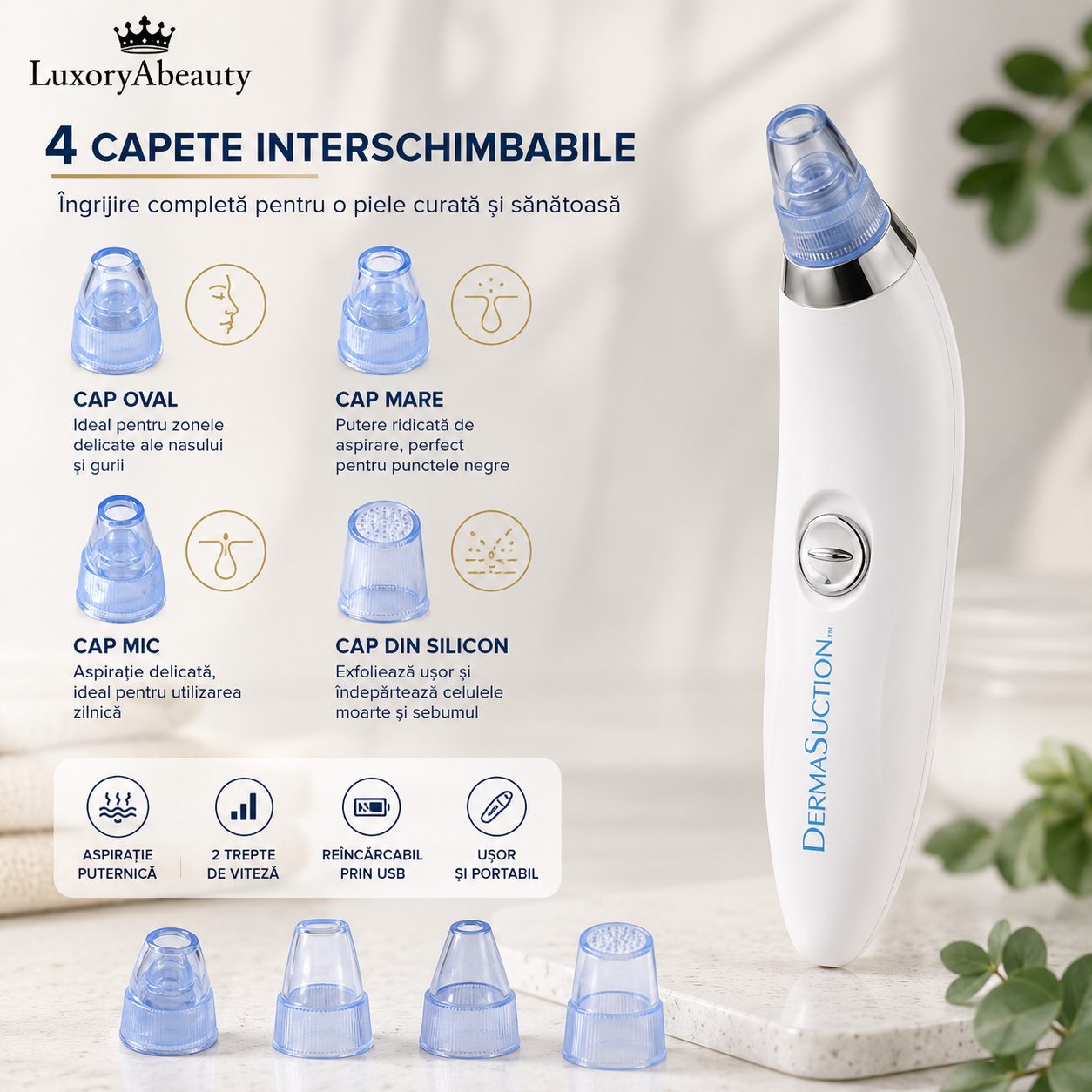 Aspirator Facial Derma Suction - 4 Capete de Curățare, Accesoriu Sonic Peeling și 2 Trepte de Aspirație: Ten Perfect, Fără Puncte Negre și Sebum