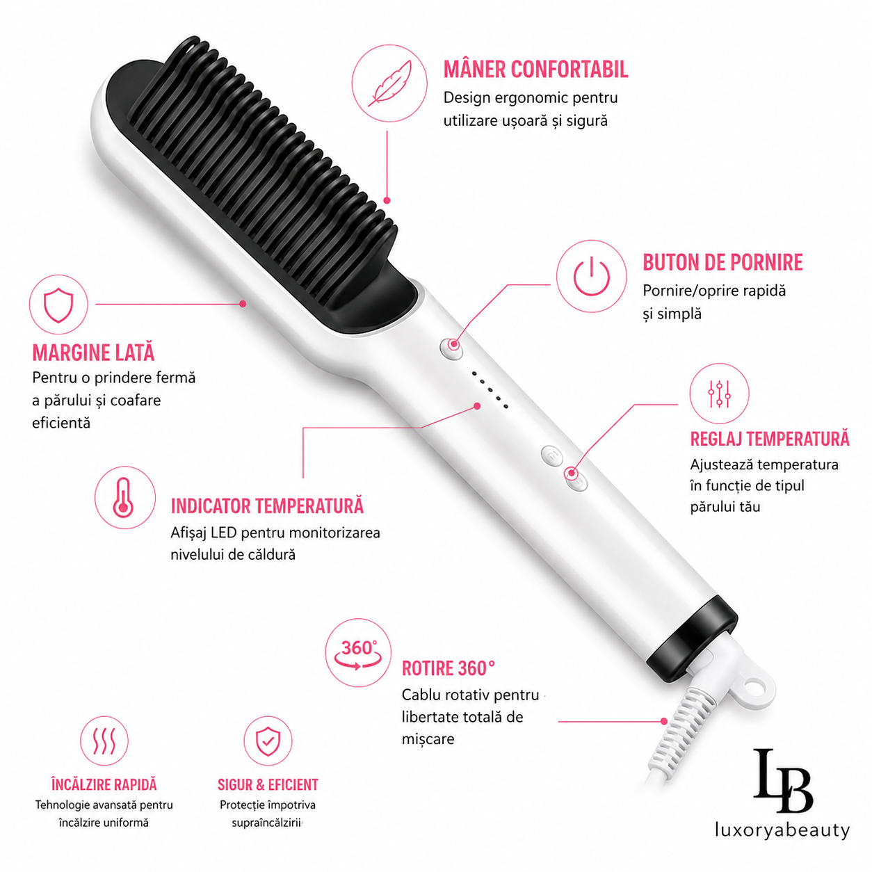 Perie de Îndreptat Părul cu Înveliș Ceramic și Temperatură Reglabilă în 5 Trepte – Încălzire Rapidă, Anti-Frizz, Styling Profesional | LuxoryaBeauty