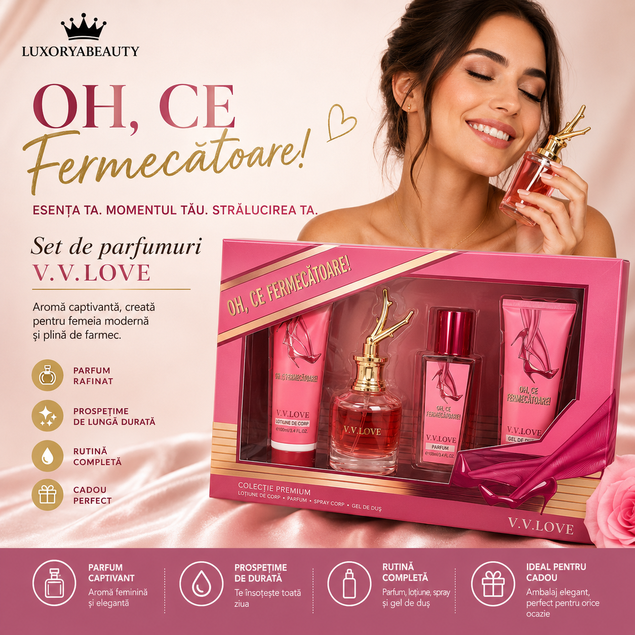 Set parfum Damă Oh My Stunner 4 Piese cu Parfum Dulce- Body Mist, Loțiune de Corp și Gel de Duș