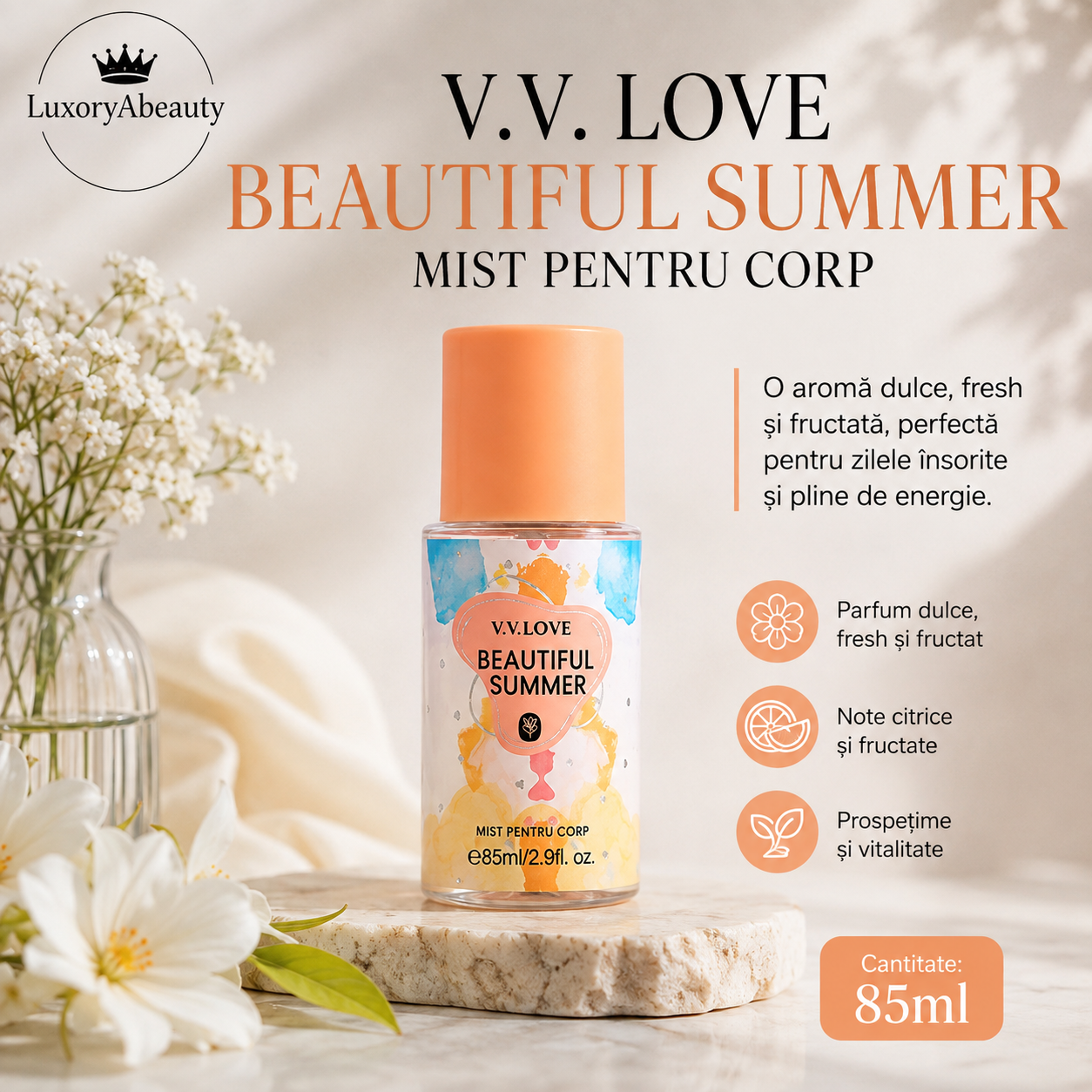 Set 4 Sprayuri Parfumate de Corp V.V. LOVE – 4 x 85 ml, Arome Diferite