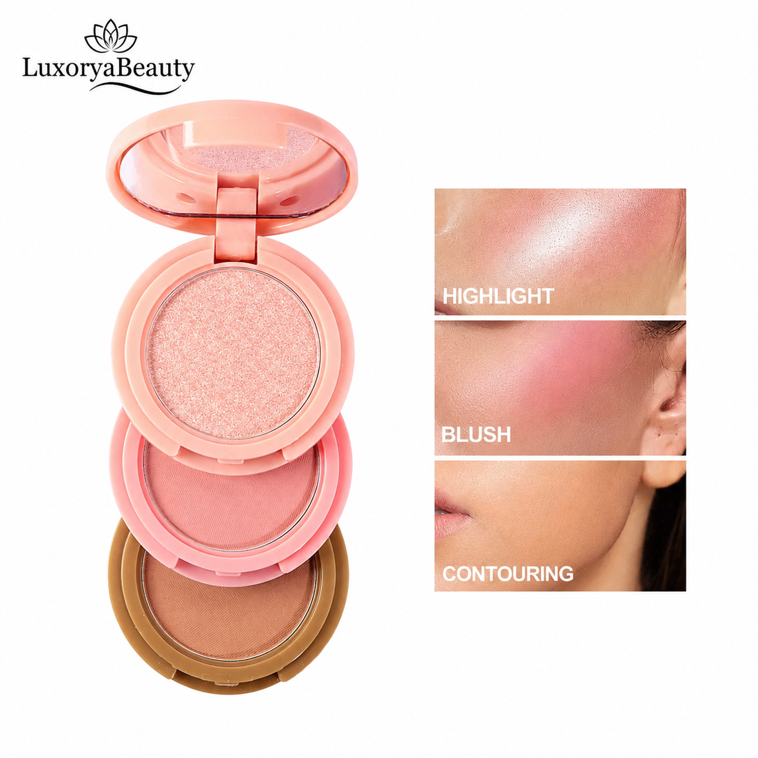 Paletă Iluminator, Blush și Contouring, 02 Handaiyan 3 în 1 Palette H3013- Culori Mixte, Finish Natural și Luminos