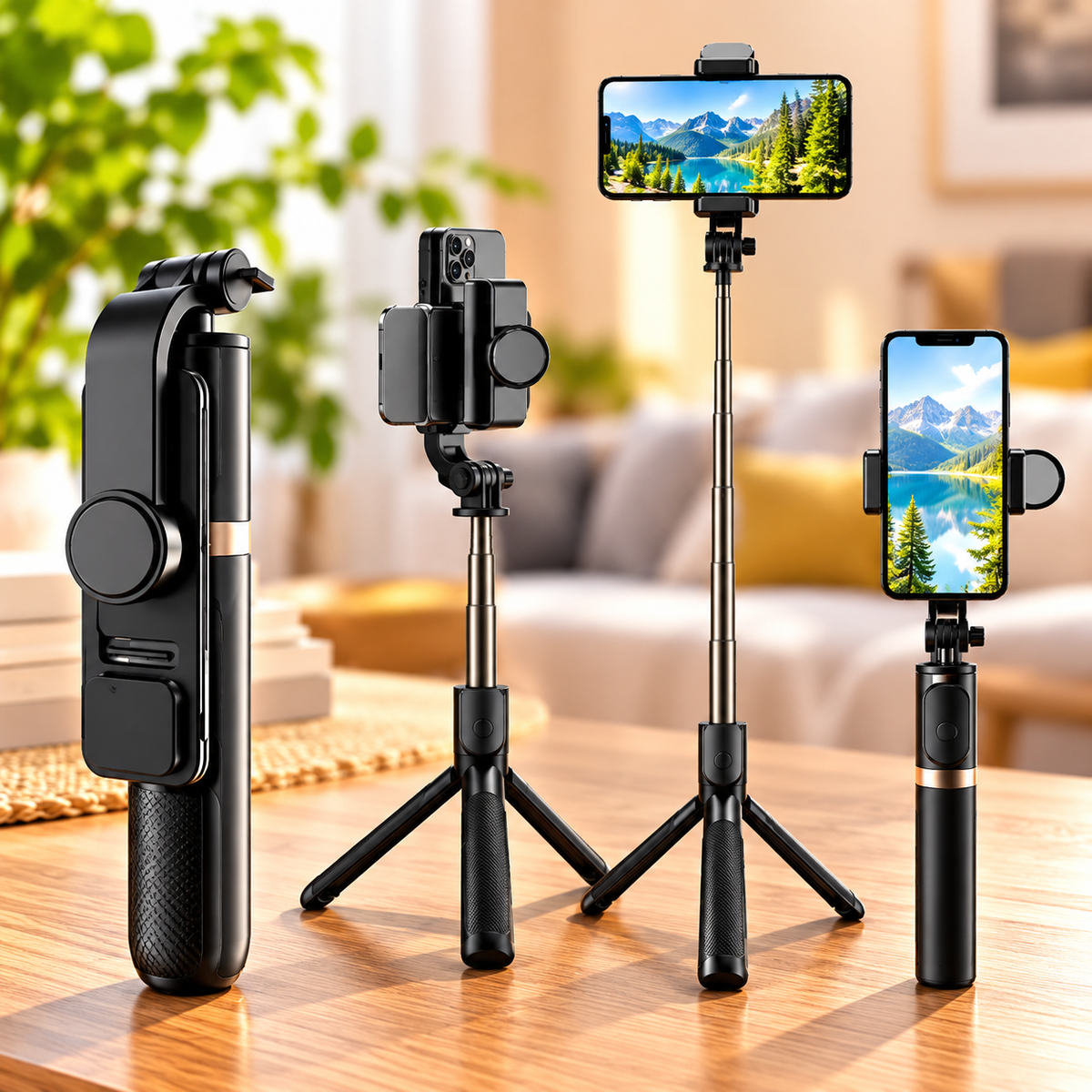Selfie stick Bluetooth cu trepied si LED,  extensibil 100 cm, Negru