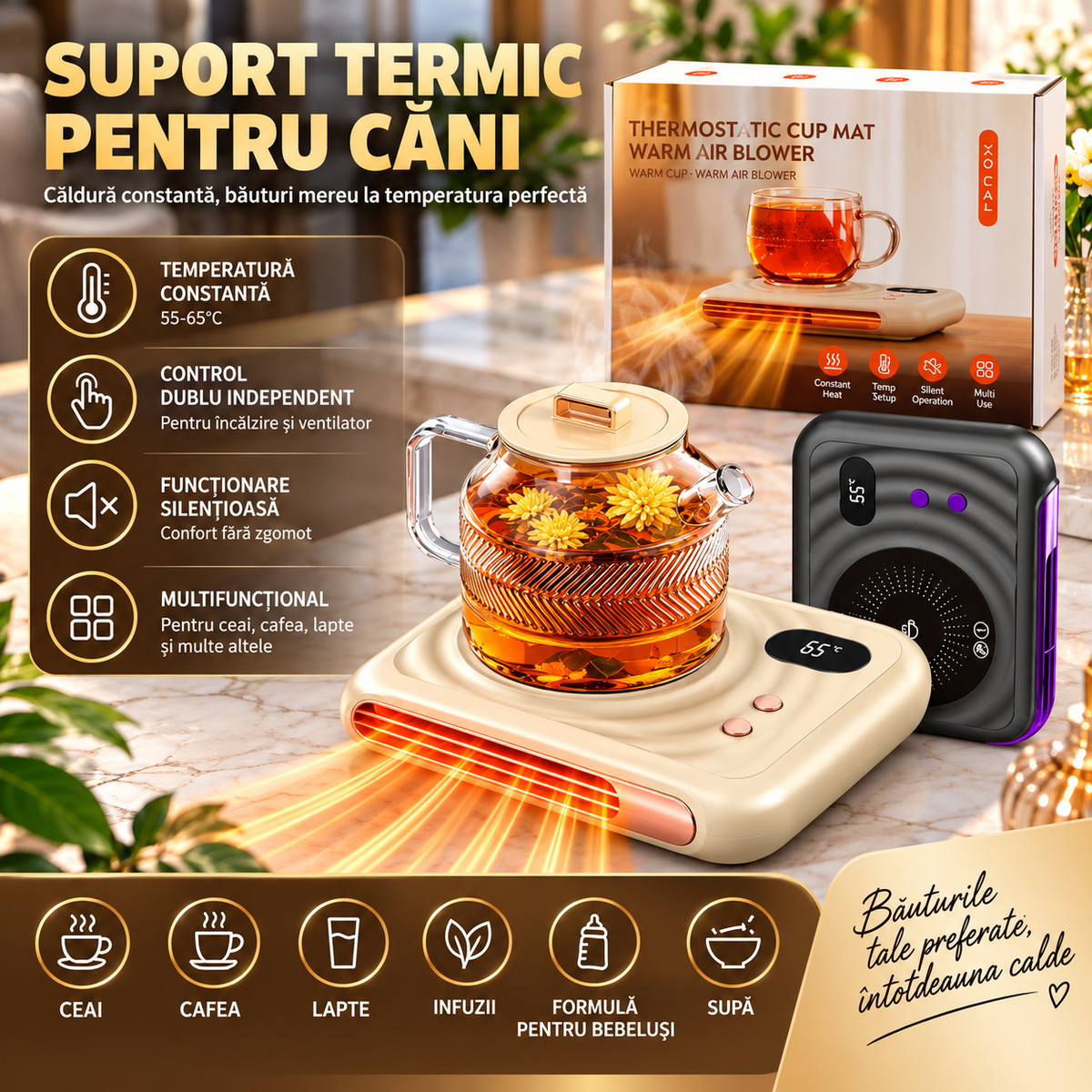 Suport Electric 2 in 1 pentru Incalzire Cana si Aer Cald, 25x19cm, cu Afisaj Digital, Temperatura Reglabila