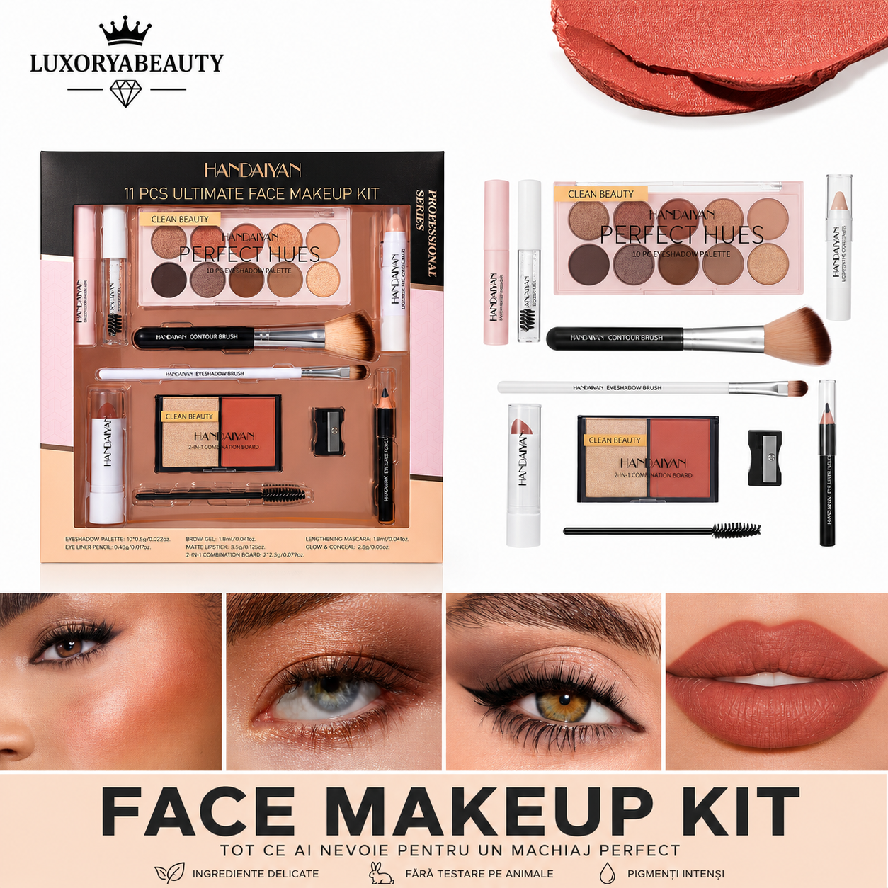 Set Machiaj Complet HANDAIYAN H9010 – 11 Produse Profesionale pentru Machiaj de Zi și Seară | Paletă Farduri, Mascara, Corector, Ruj și Accesorii