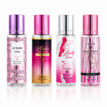 Set 4 Sprayuri Parfumate pentru Corp V.V.LOVE 85 ml x 4 – Fragrance Mist Damă cu Arome Florale, Dulci și Elegante
