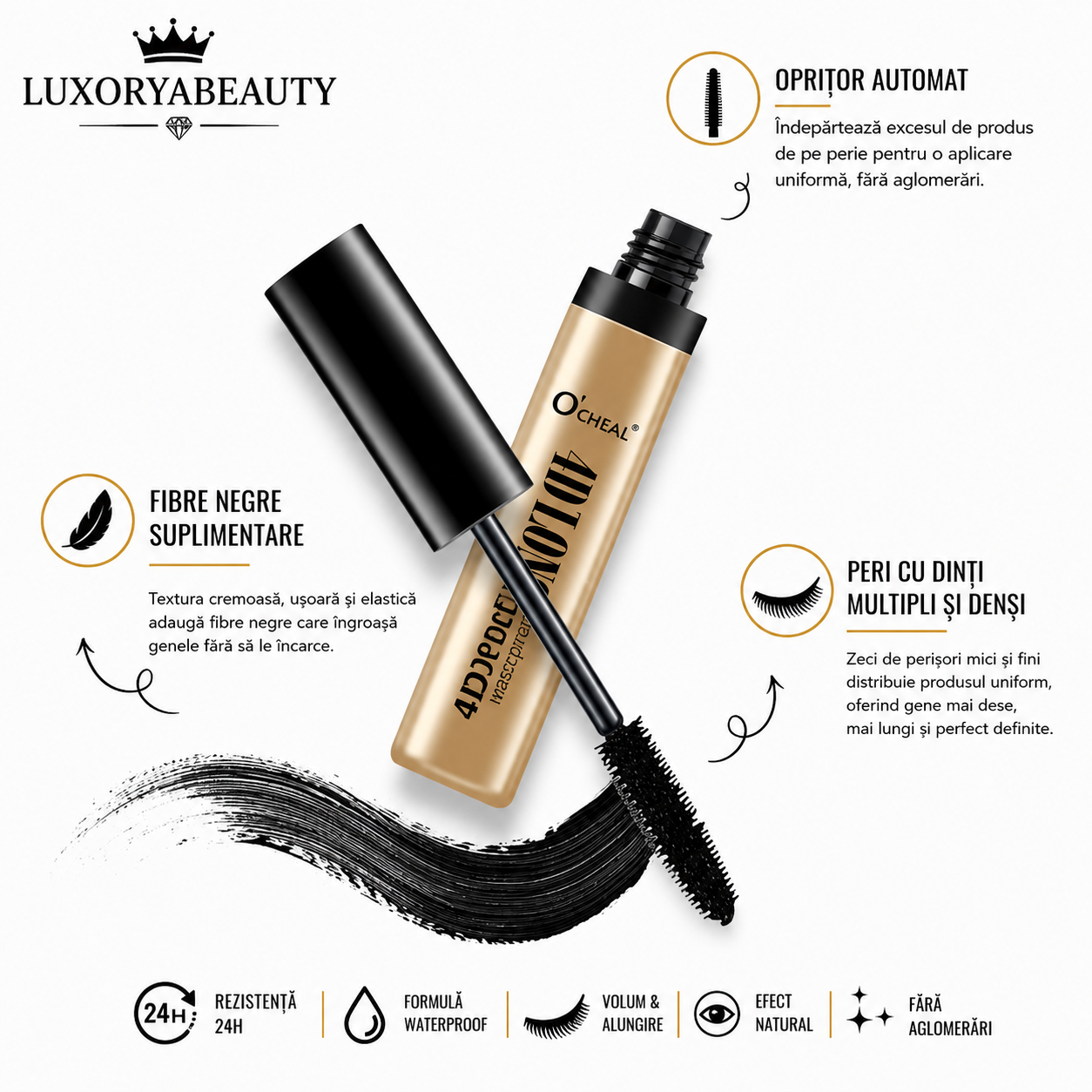 Rimel Negru Ocheal 4D Long Mascara – Efect de Alungire și Volum Natural, Waterproof, Rezistență Îndelungată, Gene Definite și Curbate