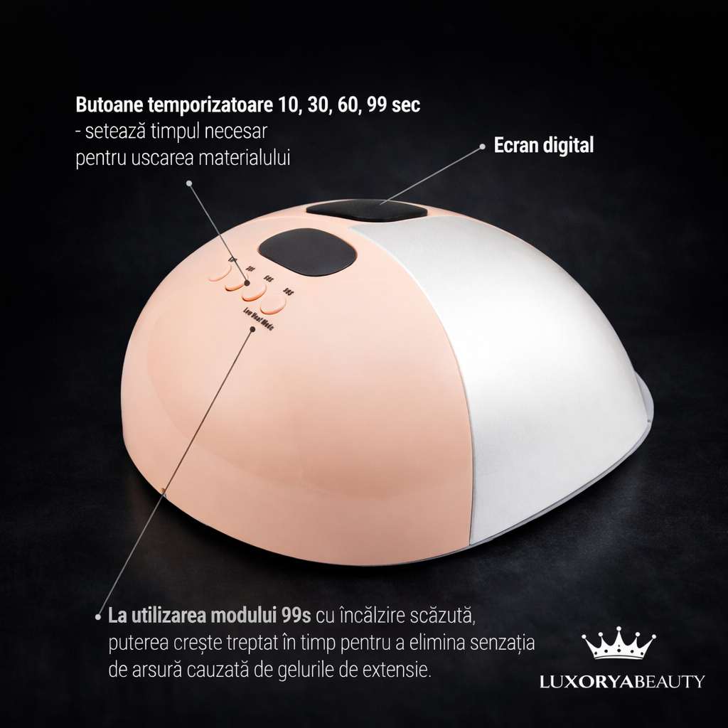 Lampă UV LED Unghii 48W G8 Peach – 33 LED-uri, Timer 10-99s, Ecran Digital, Bază Detașabilă, Profesională Salon & Acasă