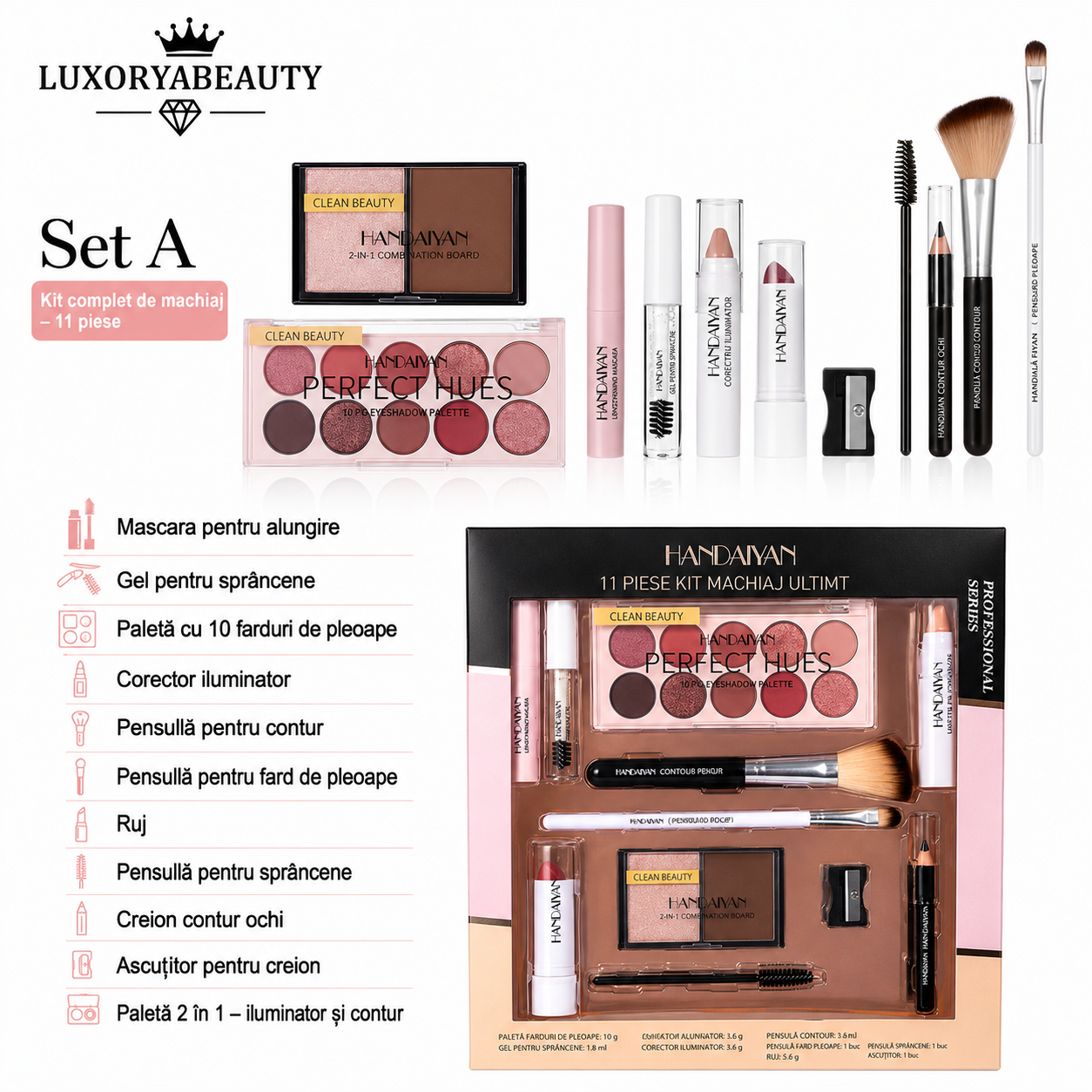 Set Machiaj Complet HANDAIYAN H9010 – 11 Produse Profesionale pentru Machiaj de Zi și Seară | Paletă Farduri, Mascara, Corector, Ruj și Accesorii