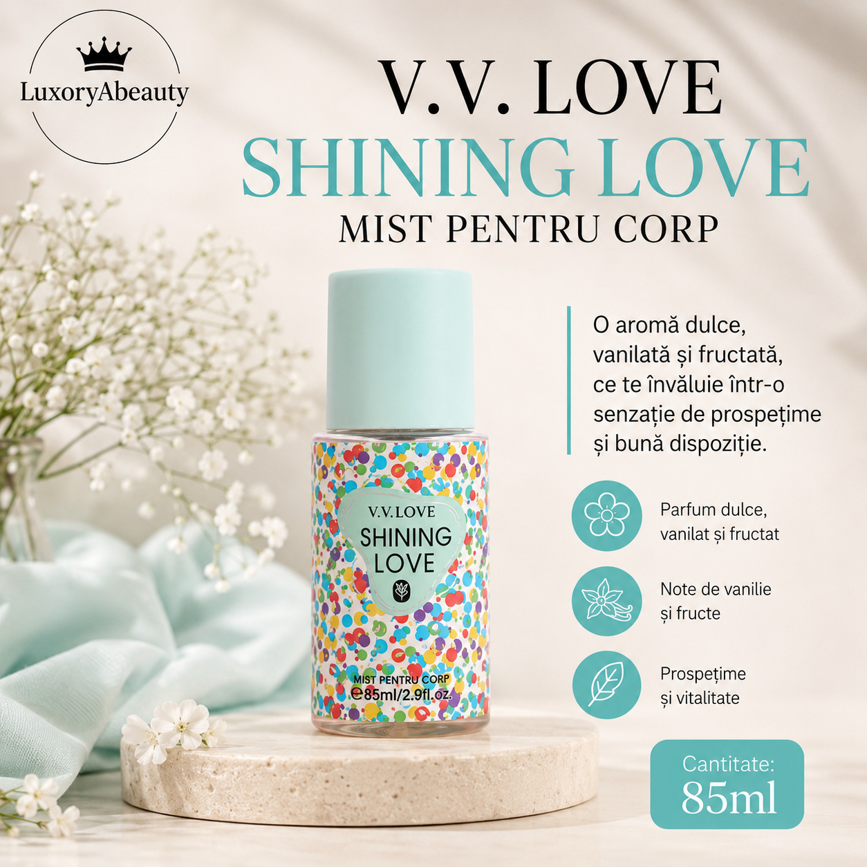 Set 4 Sprayuri Parfumate de Corp V.V. LOVE – 4 x 85 ml, Arome Diferite