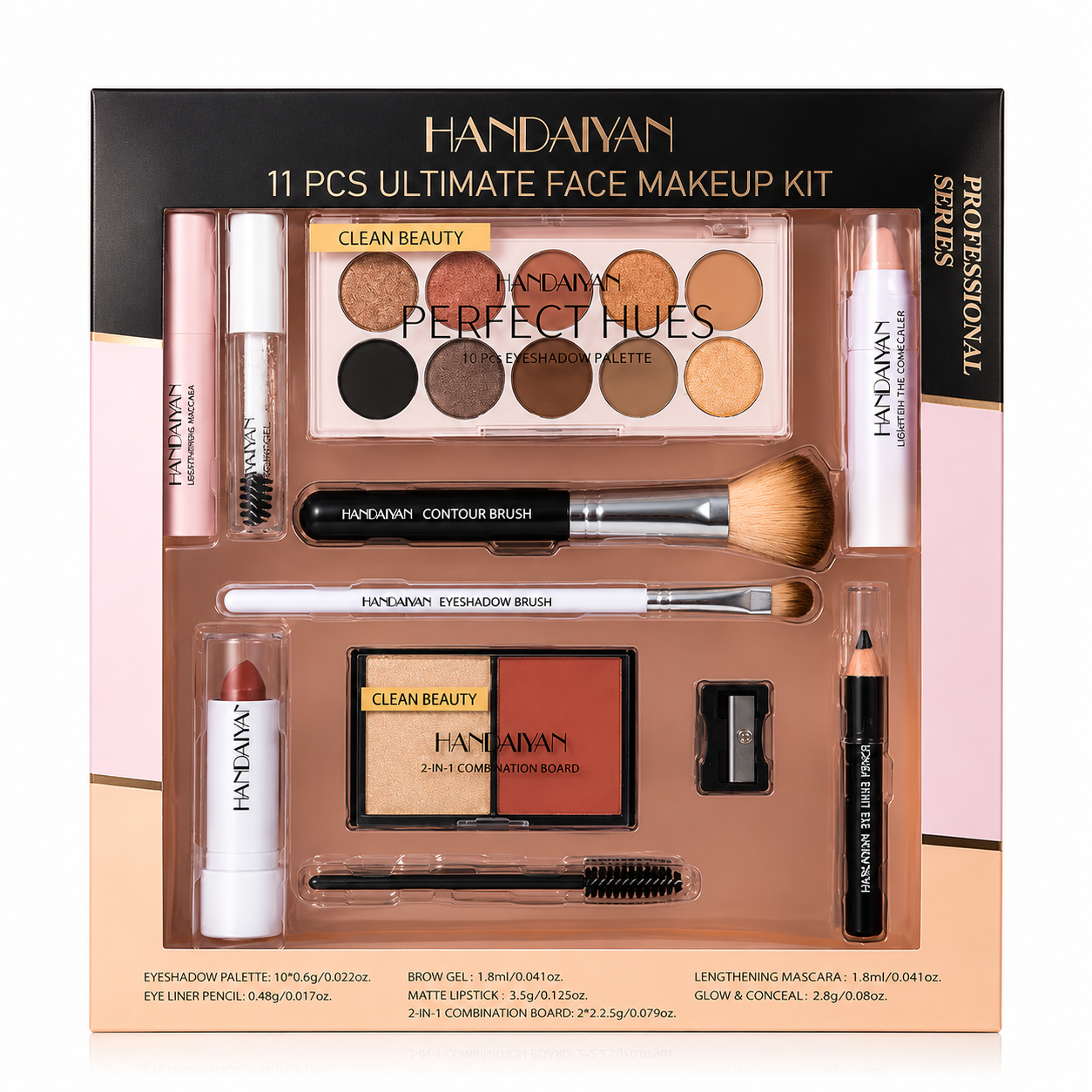 Set Machiaj Complet HANDAIYAN H9010 – 11 Produse Profesionale pentru Machiaj de Zi și Seară | Paletă Farduri, Mascara, Corector, Ruj și Accesorii