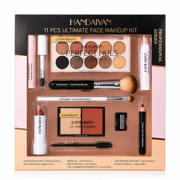 Set Machiaj Complet HANDAIYAN H9010 – 11 Produse Profesionale pentru Machiaj de Zi și Seară | Paletă Farduri, Mascara, Corector, Ruj și Accesorii